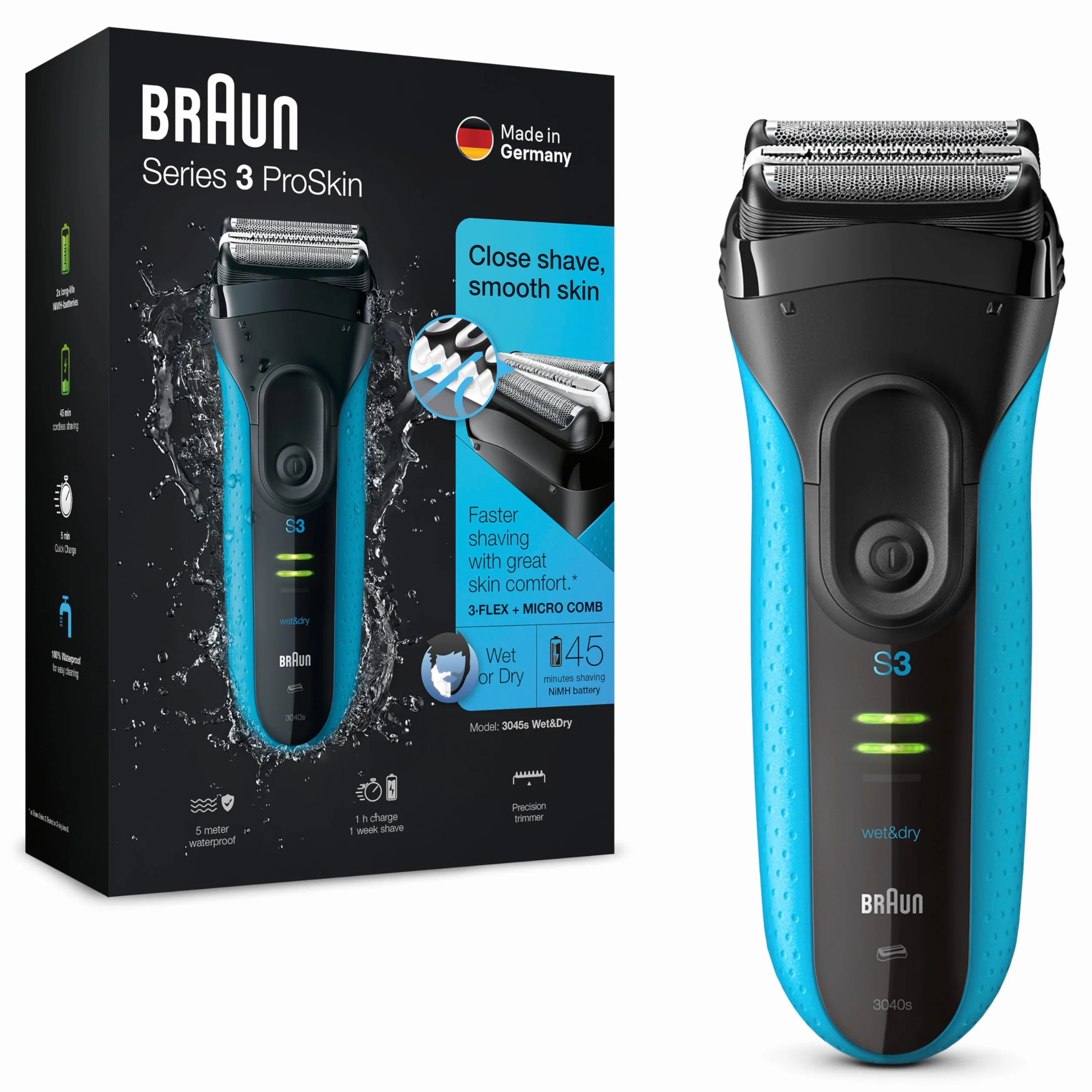 Braun Series 3 3040s Golarka Elektryczna, Czarny/Niebieski, 3 Ostrza