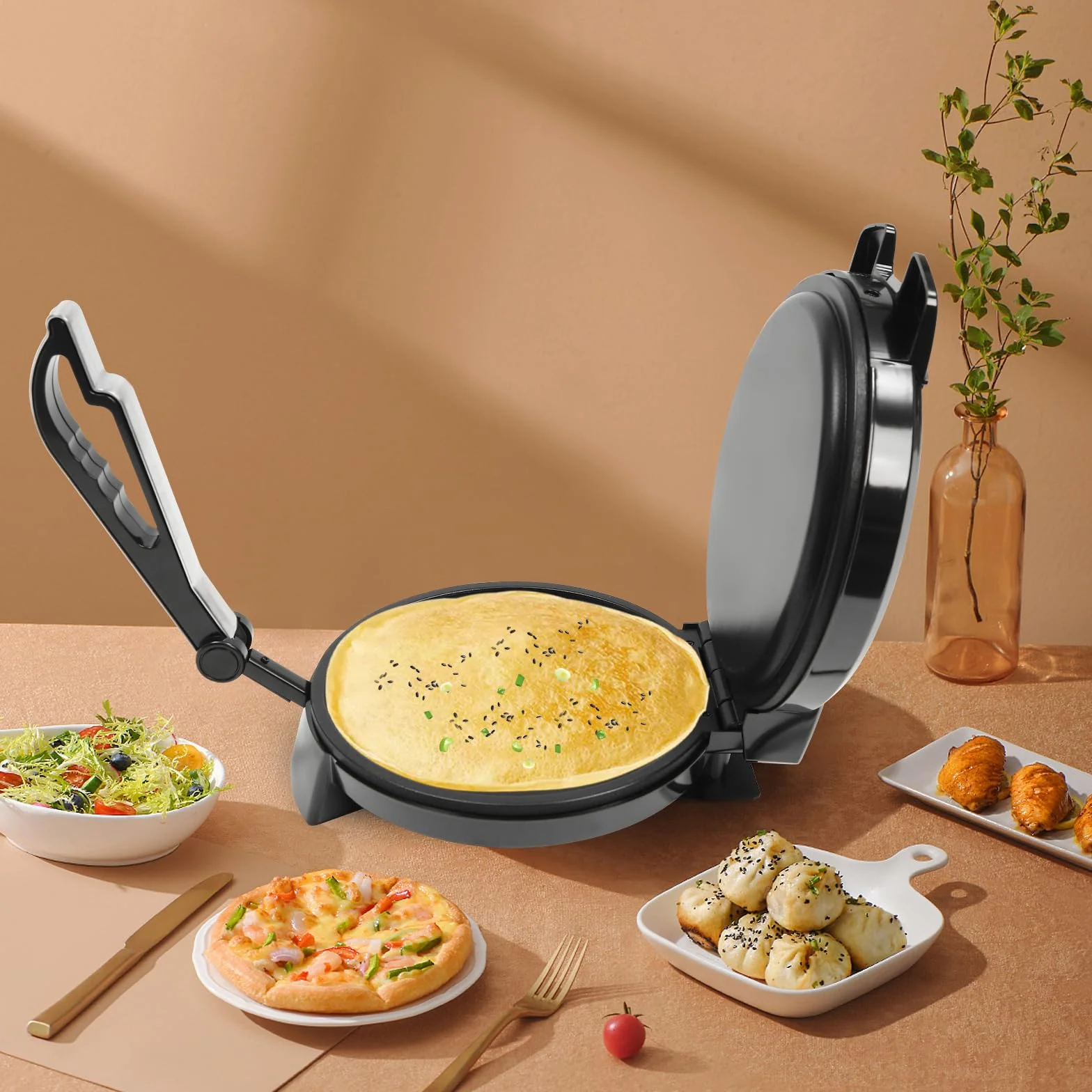 Roti Maker 1200 W elektryczny dwustronne ogrzewanie prasa do mąki kukurydzianej powłoka nieprzywierająca regulacja temperatury 53 x 18 cm