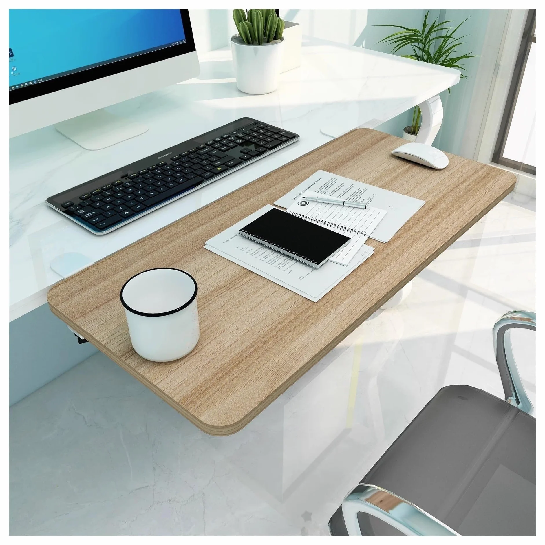 Desk Extender Tray Clamp Shelf White Black Pink 90° Folding No Punch Holes 65x25cm