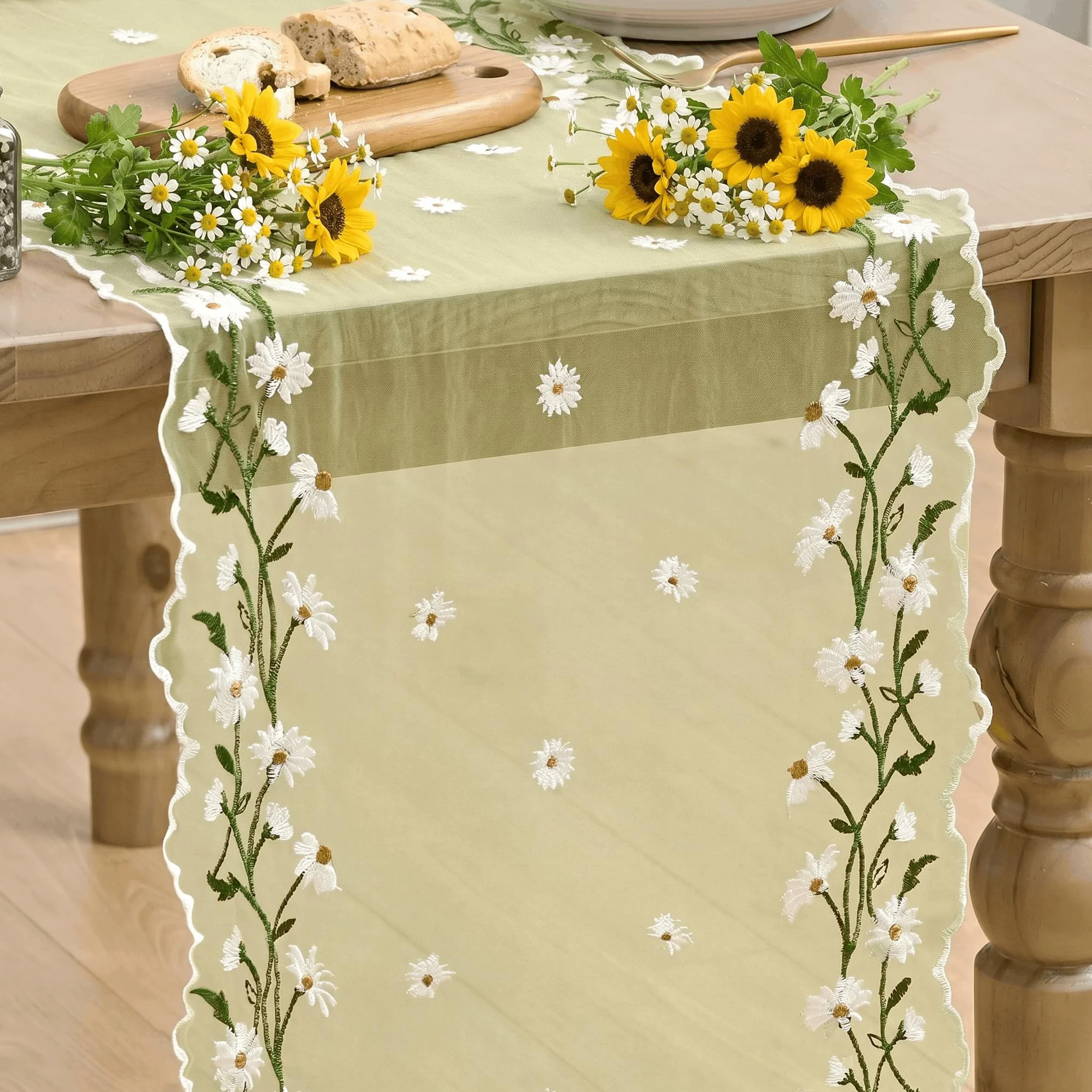 Artoid Mode Żółty haft stokrotka liście bieżnik na stół 40 x 300 cm tiul przezroczysty dekoracja stołu