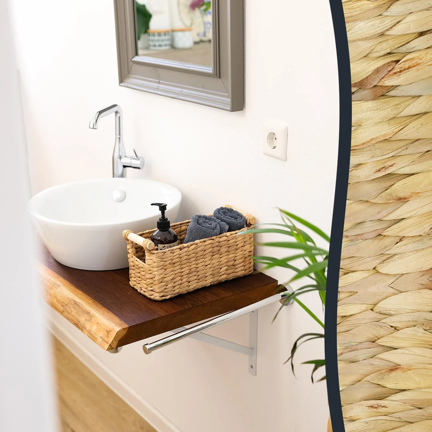 HMF Kosz do przechowywania pleciony z hiacyntu wodnego, kosz dekoracyjny z drewnianymi uchwytami do przechowywania rzeczy w łazience, salonie, kuchni | 30 x 15 x 13 cm | naturalny