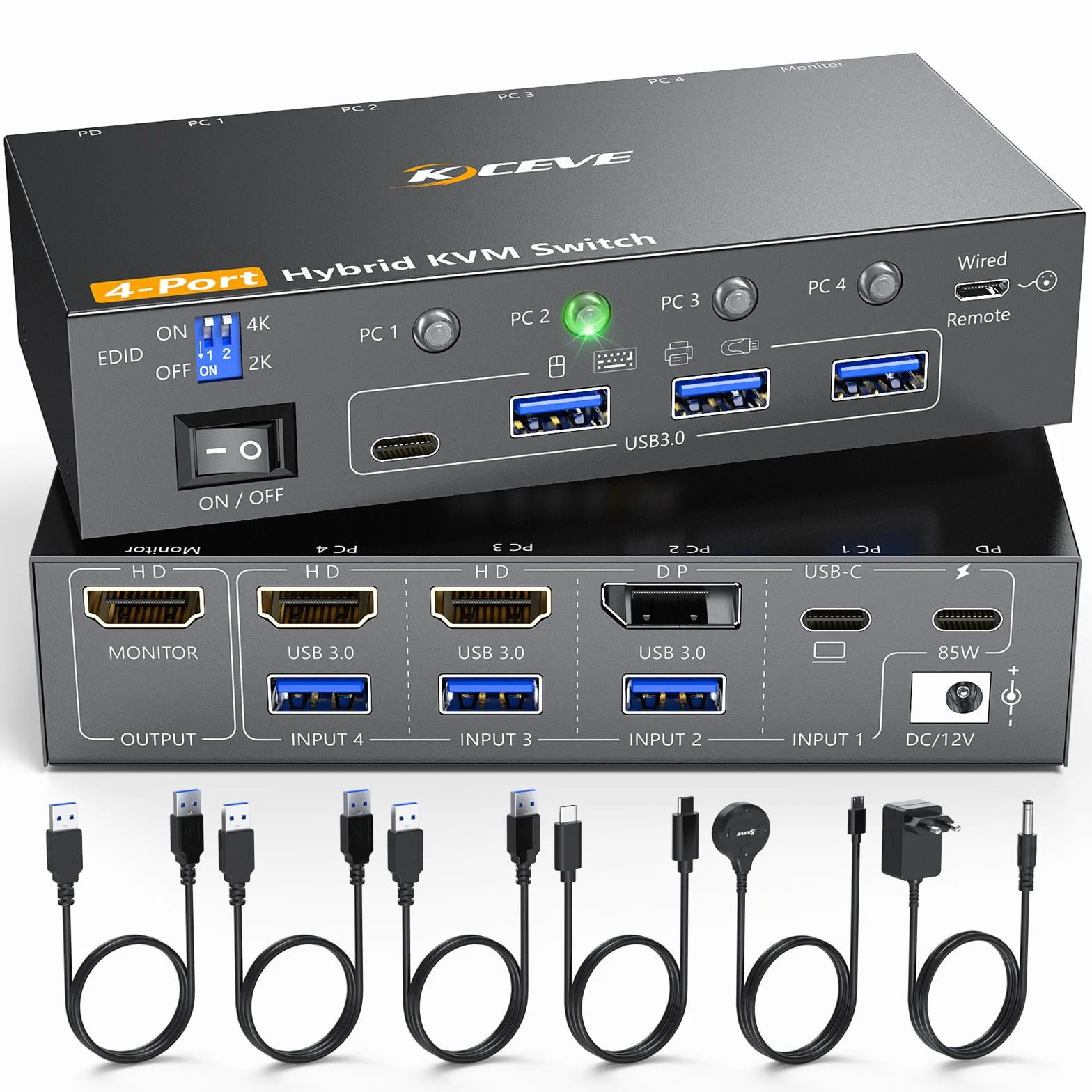 KVM Switch 1 monitory 4 PC, 4K @ 60 USB C+ Displayport + przełącznik HDMI KVM z 4 portami USB 3.0, klawiaturą i kontrolerem biurkowym