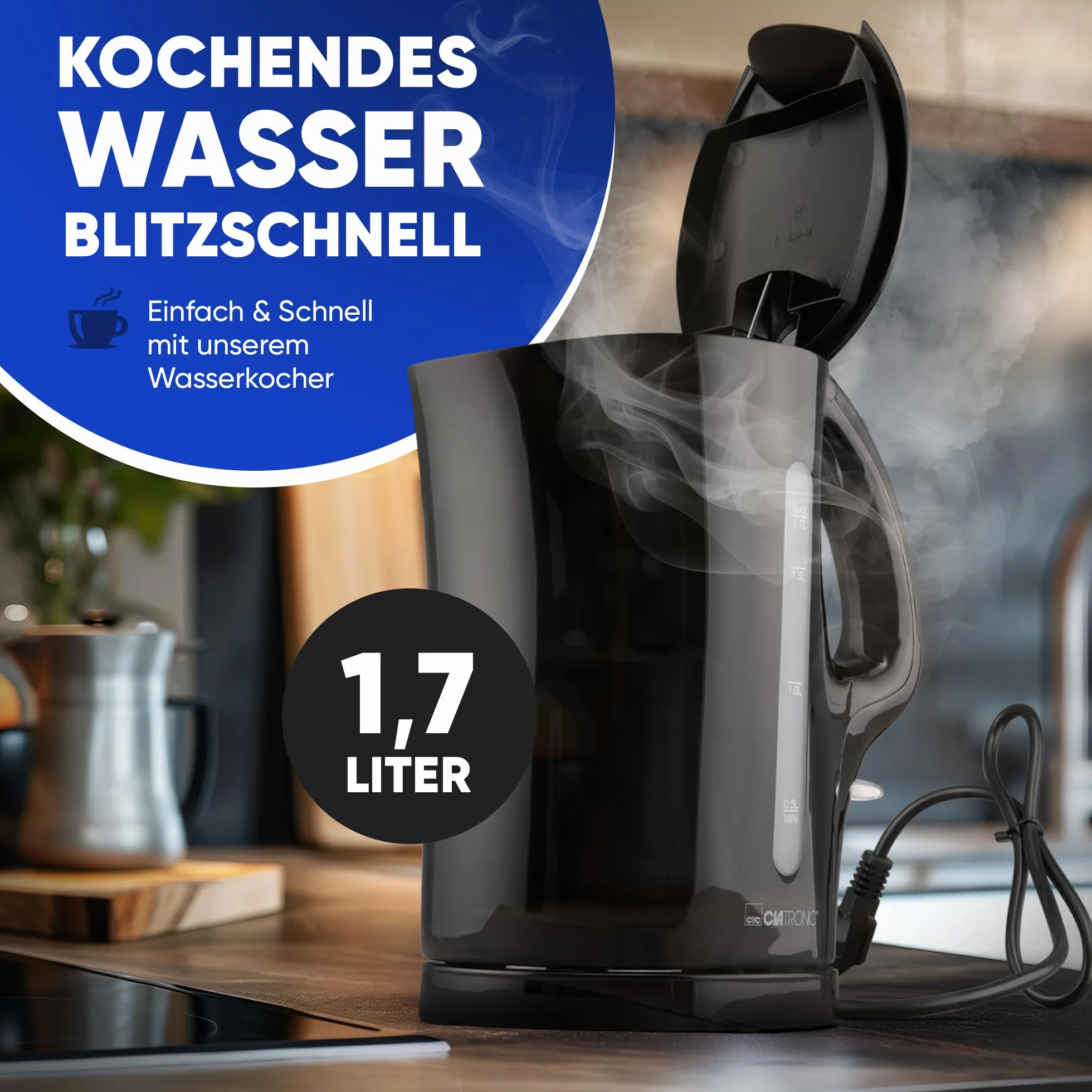 Hervidor de agua Clatronic® | Hervidor Wasserkocher 1,7 L con extracción automática y manual | filtro de cal extraíble | máx. 2200 vatios | Hervidor de agua | WK 3819 negro