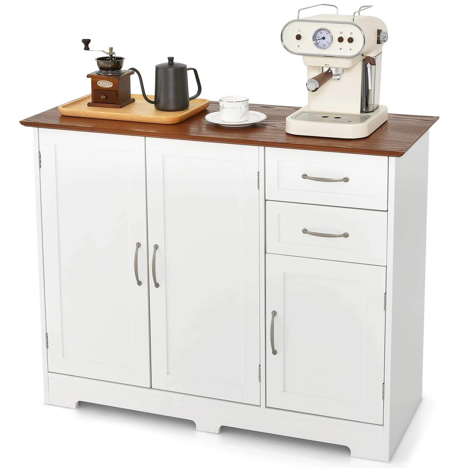 COSTWAY Kredens biały, szafka kuchenna z blatem roboczym 100 x 40 cm, szafka bufetowa z drzwiami i szufladami oraz regulowanymi półkami, wyspa kuchenna do kuchni, jadalni, JV11059WHDE