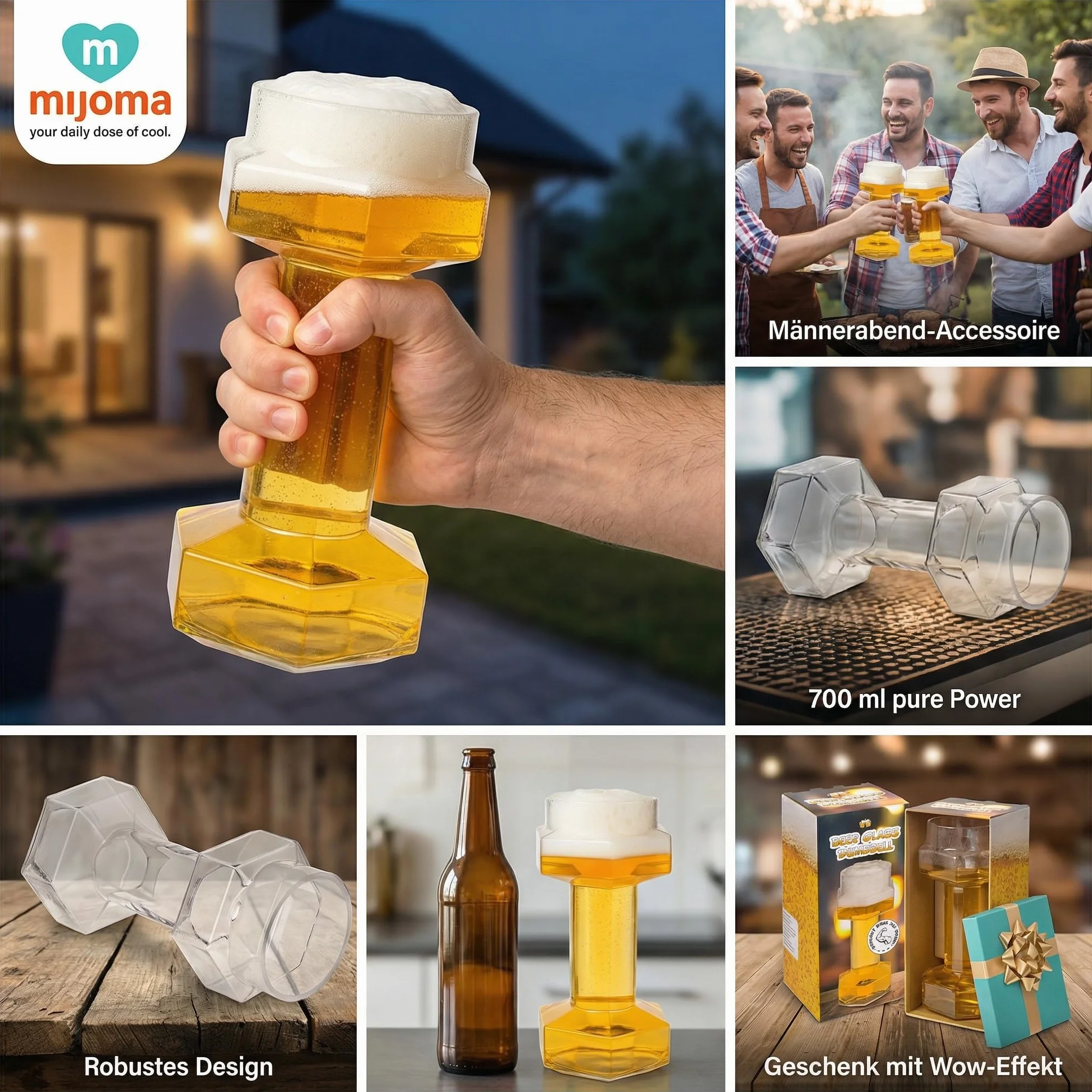 MIJOMA Szklanka do Piwa z Hantlami, 22 cm - 700 ml - Swobodny Trening dla Miłośników Piwa, Fitnessu i Na Festiwal - Nadaje Się do Mycia w Zmywarce i Na Co Dzień