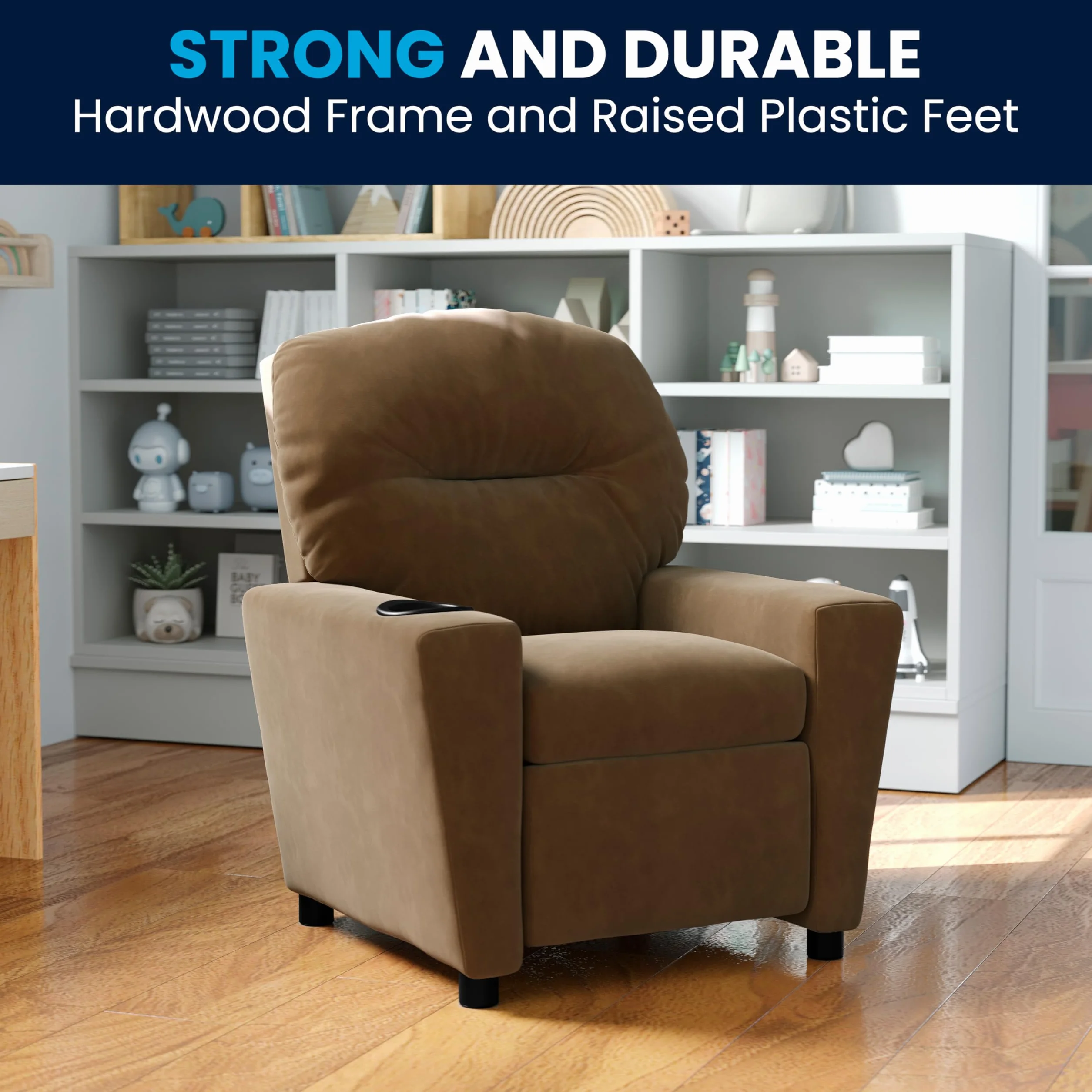 Flash Furniture Współczesny leżak z mikrofibry z uchwytem na kubki, drewno, brązowy, 66,04 x 53,34 x 53,34 cm