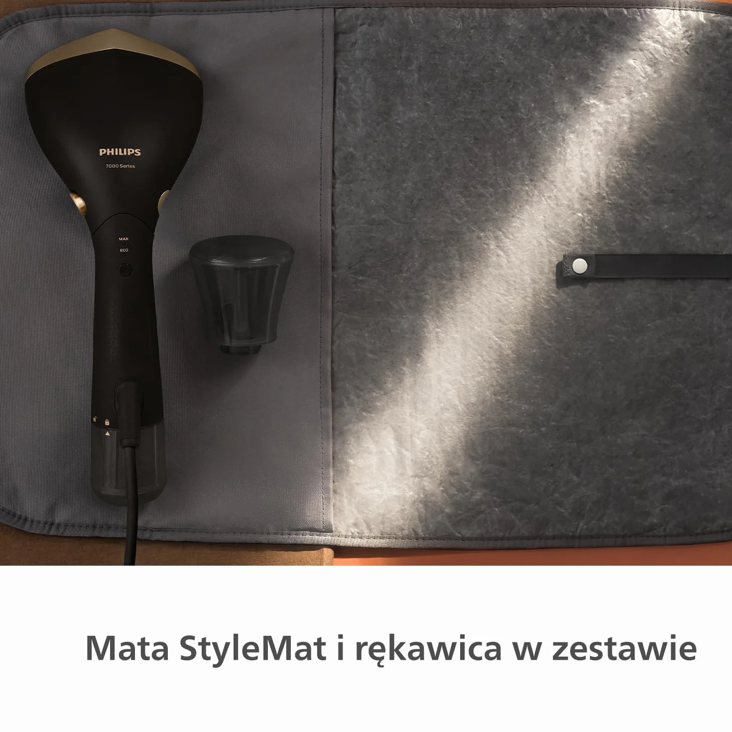 Philips Parownica Ręczna z Serii 7000 - Moc 1500 W, 28 g/min Ciągłej Pary, Optymalna Temp, Metalowa Stopa, Odłączany Zbiornik 100 ml+200 ml. Rękawica/mata StyleMat, Kolor czarny (STH7060/80)