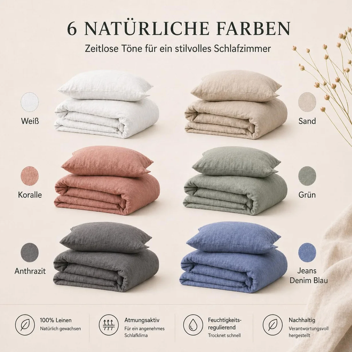 BLUE MOON Pościel lniana 155 x 220 ÖKO-TEX 2-częściowa 100% len stone washed