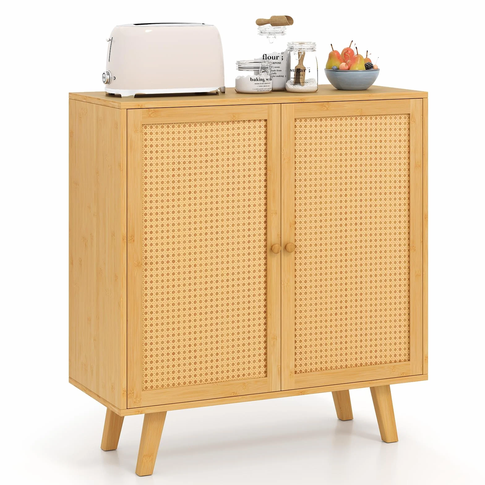 COSTWAY Kredens z rattanowymi drzwiami bambusowa szafka kuchenna z blatem roboczym 80x34.5x85 cm naturalny