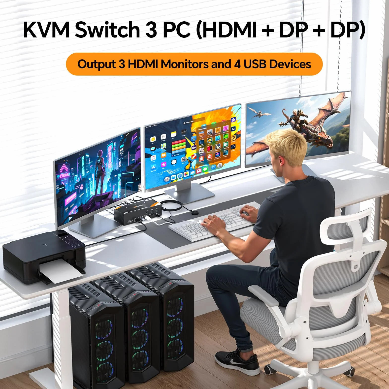 KVM Switch 3 PC 3 monitory 8K 60 Hz / 4K 144 Hz, Displayport 1.4 HDMI 2.1 USB 3.0 KVM przełącznik Triple Monitor do 3 PC części myszy, klawiatury, przewodowy pilot (8K HDMI DP 3 w 3 out