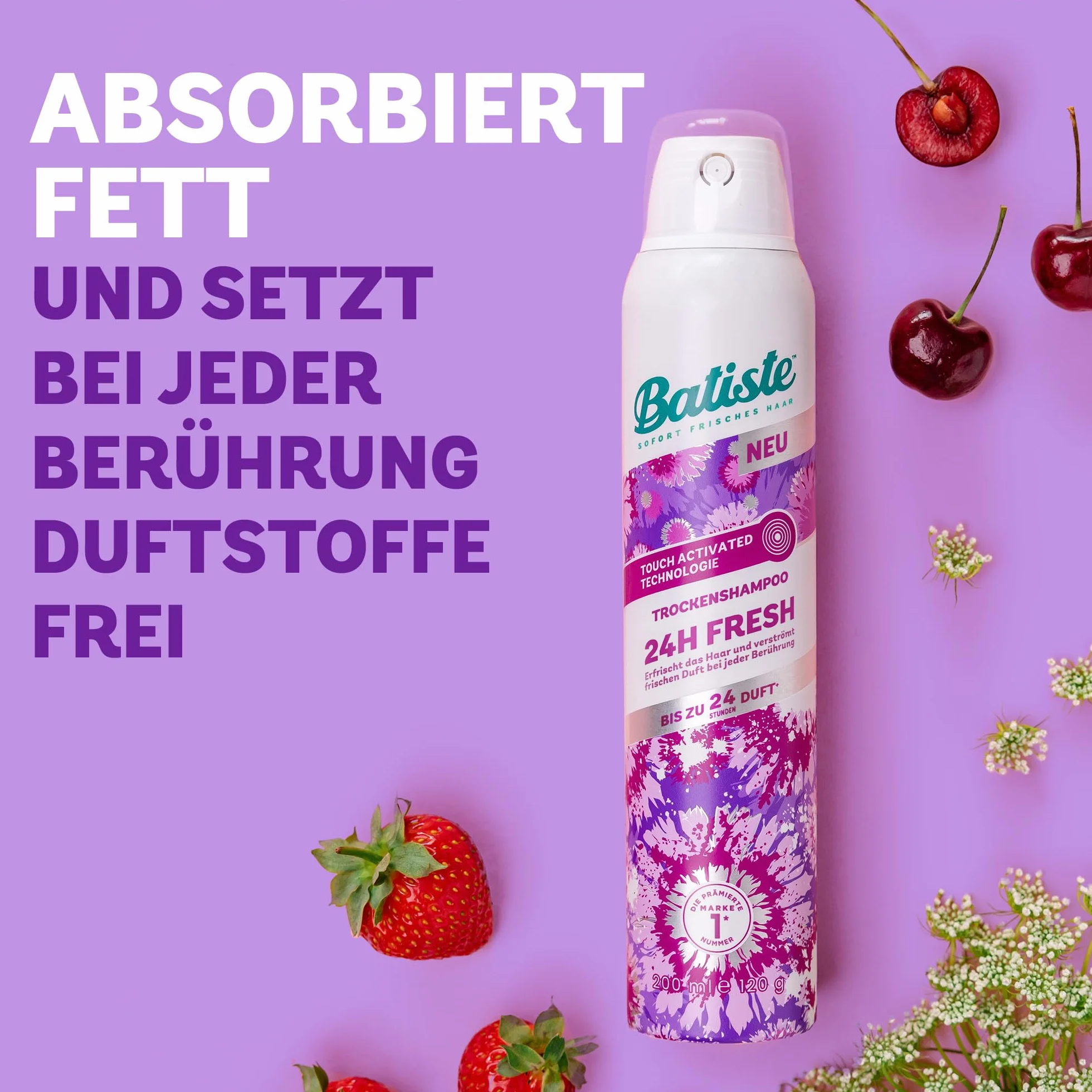 Batiste Batiste Hair Care suchy szampon 24H Fresh 200 ml, bez spłukiwania, spray do pielęgnacji włosów o orzeźwiającym zapachu, technologia Touch Activated, wegański i niewidoczny