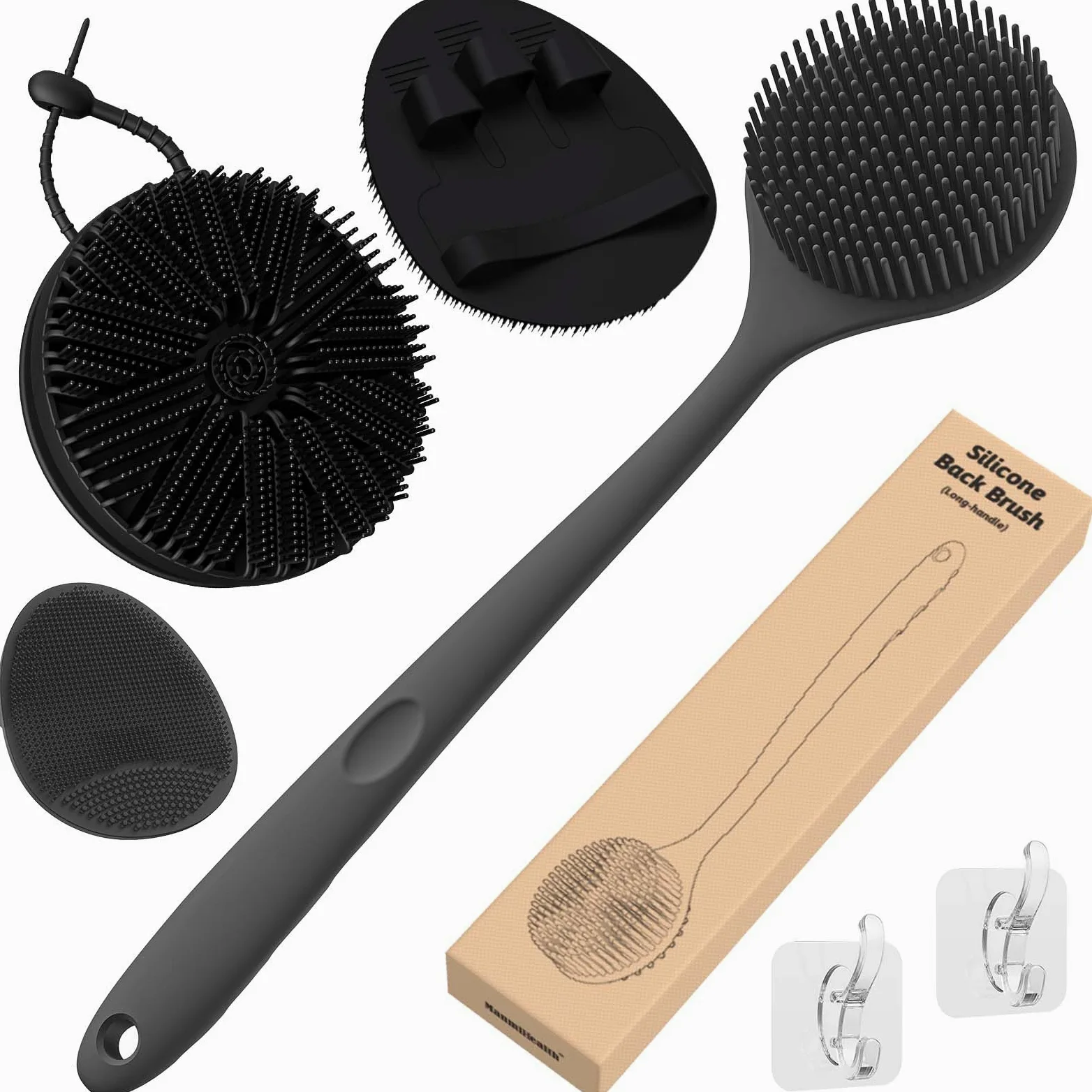 Manmihealth Zestaw silikonowej myjki do pleców i miękkich rękawiczek kąpielowych, 4 szt. (cienkie włosie), super złuszczający peeling do ciała i super spieniająca się szczotka do twarzy pod prysznic,
