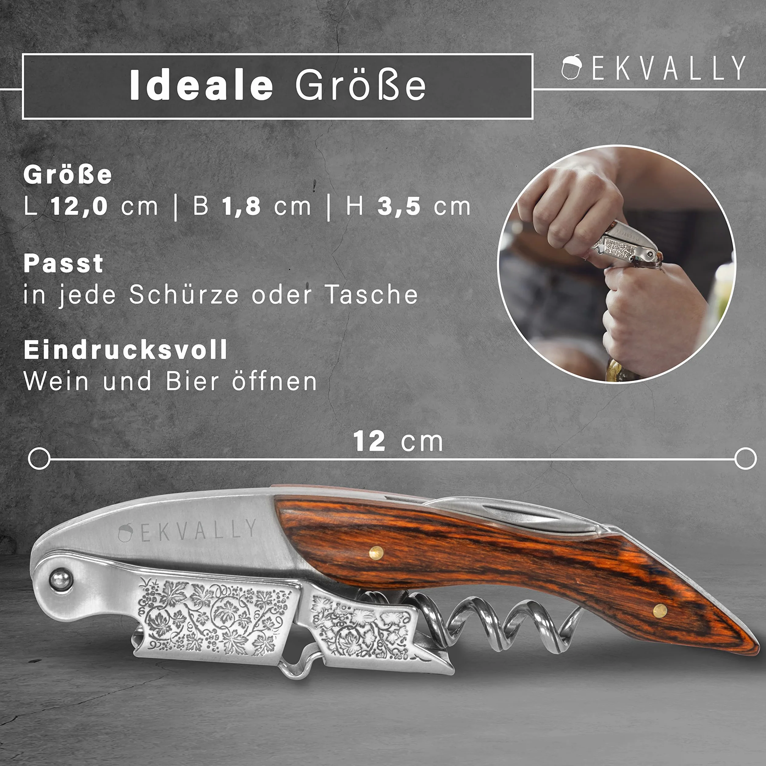 Drewniany nóż kelnerski – profesjonalny korkociąg ze stali nierdzewnej – otwieracz do wina w jakości gastronomicznej z otwieraczem do butelek i krajalnicą do folii – stylowy otwieracz do wina