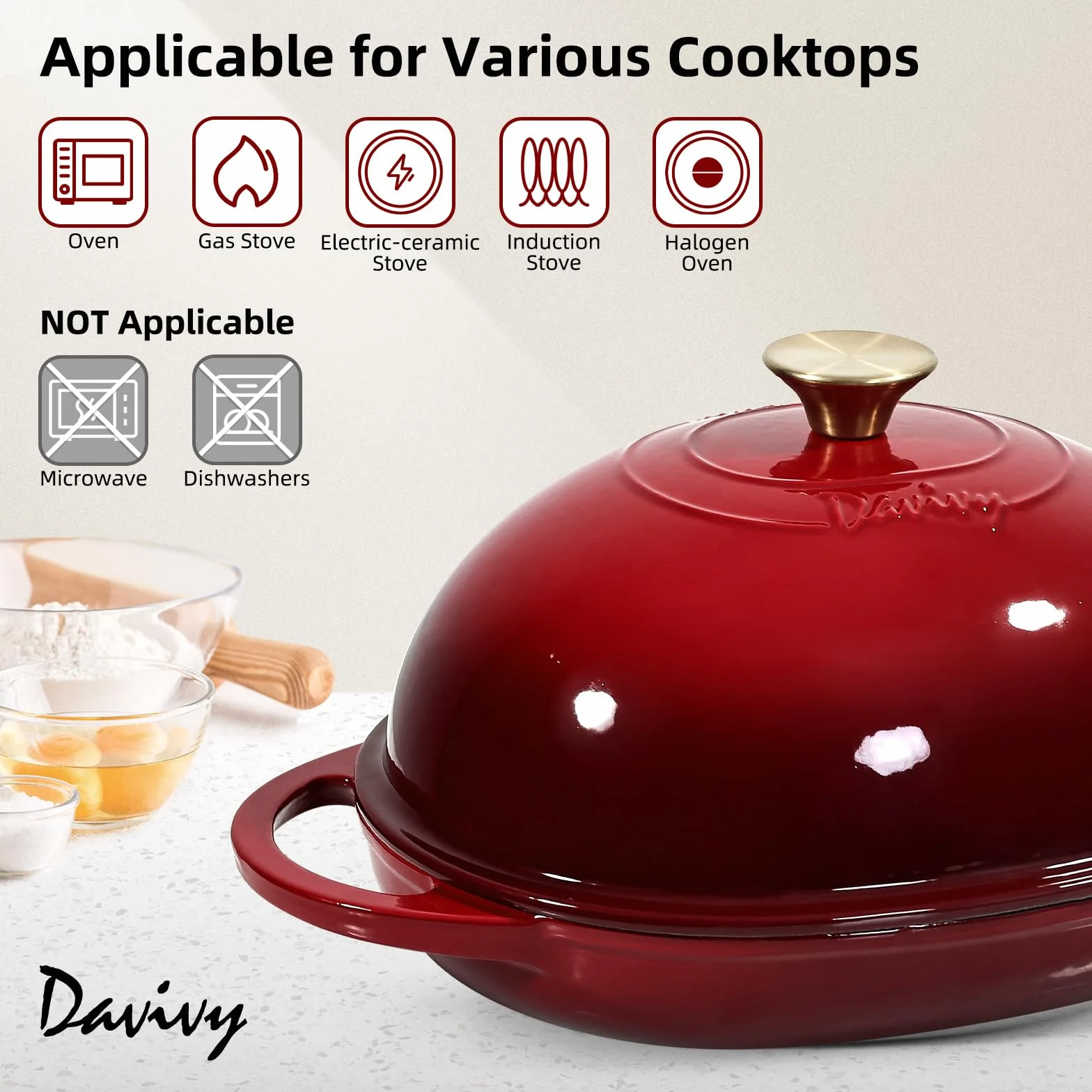 Davivy emaliowany żeliwny piec holenderski 5,5 l do chleba 6QT z wypukłą pokrywką rubinowy