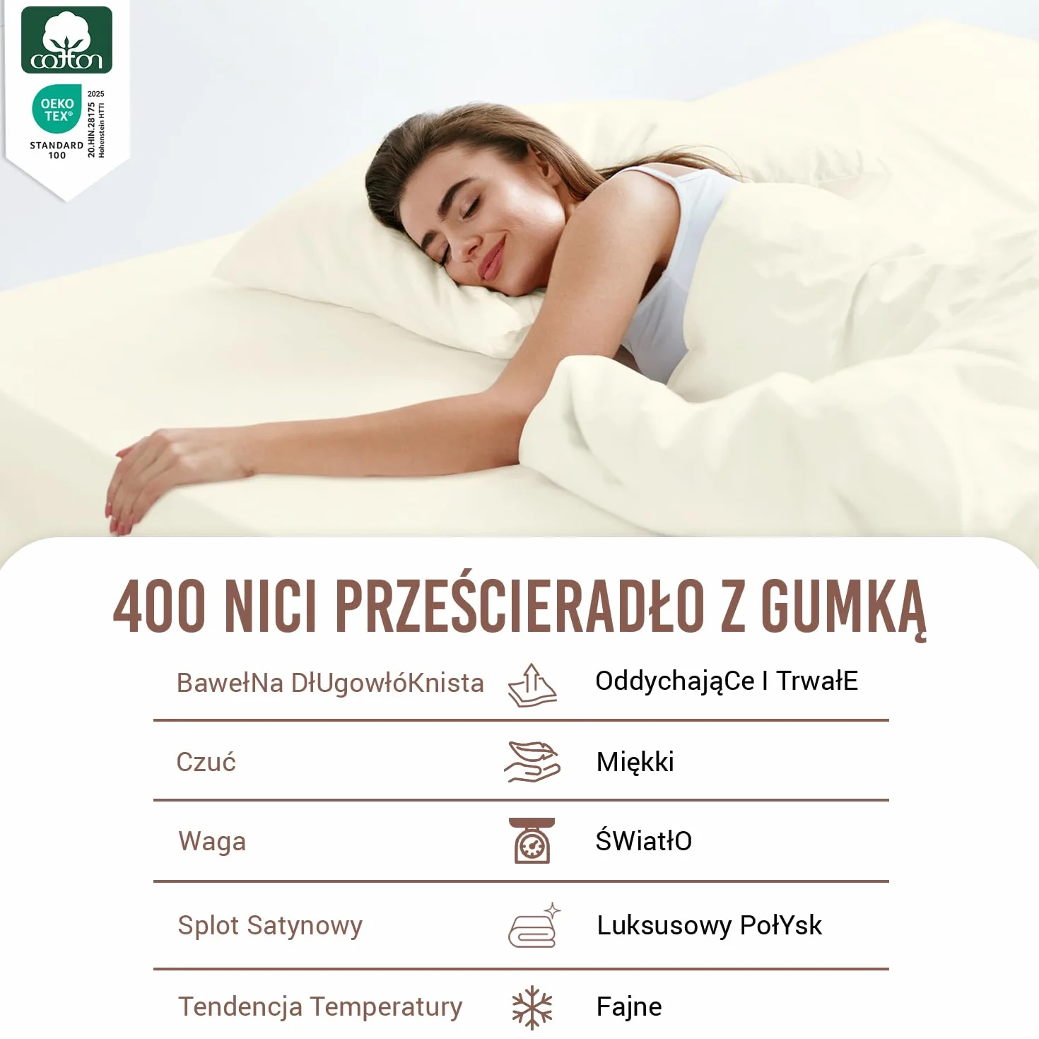 Pizuna Prześcieradło z Gumką 100x200 cm 400-nitkowa Bawełna czesana Dopasowane Głęboka Kieszeń do 40 cm