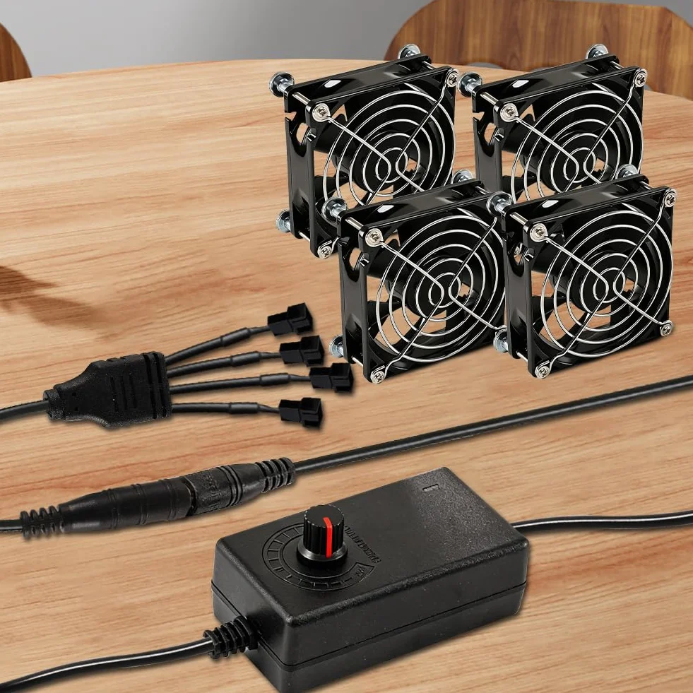4-pinowe sterowanie wentylatorem PWM z kablem rozgałęźnikowym 1 na 4 - kontroler wentylatorów, regulator PWM - 100–240V AC do 3–12V DC, ręczna regulacja prędkości dla PC, urządzeń
