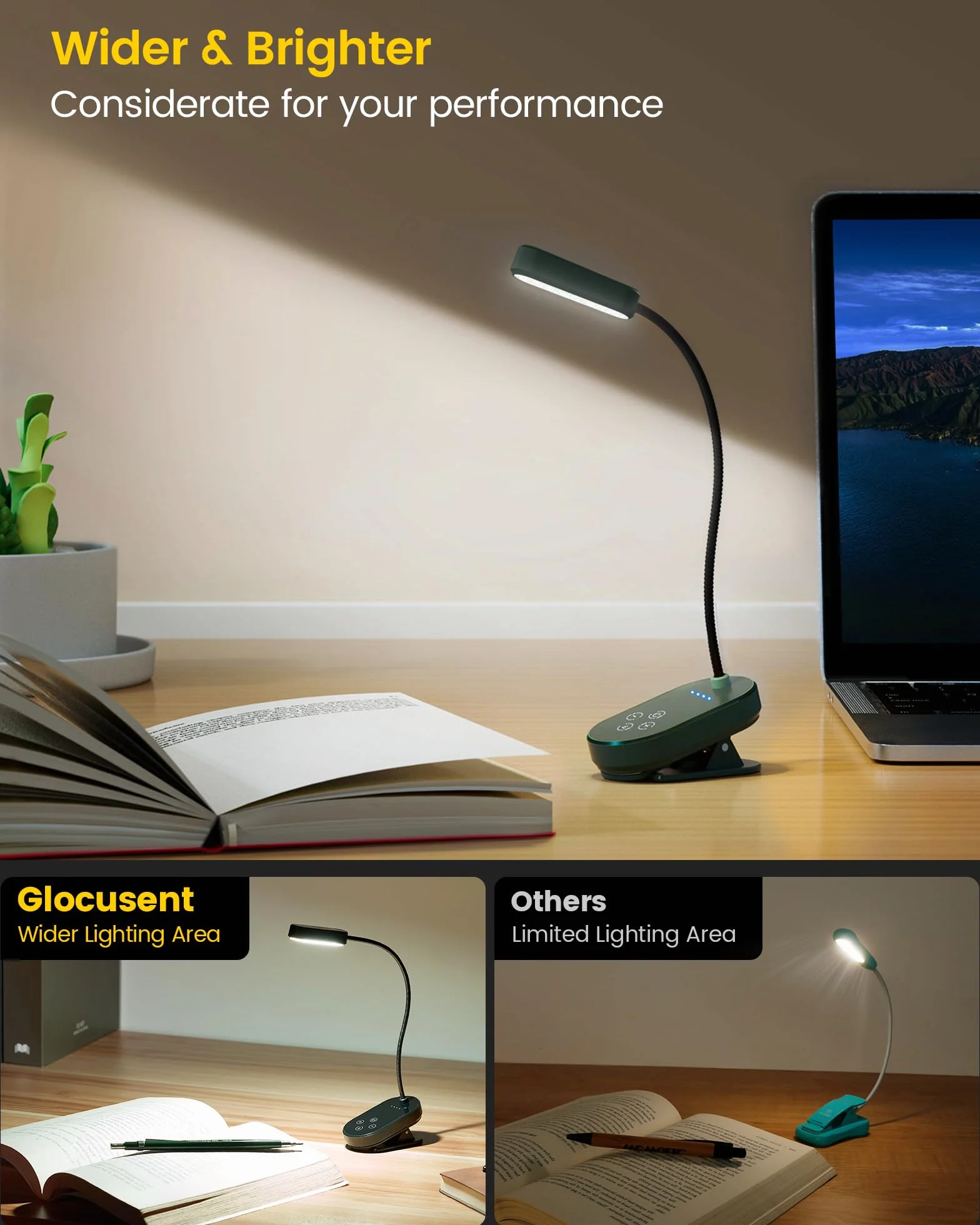 Glocusent Mini Clip-on Reading Light for Books in Bed, Rechargeable Battery Powered Book Light with 16 LEDs & Up to 80 Hours, 3 Color Modes & 5 Brightness Levels (zielony)