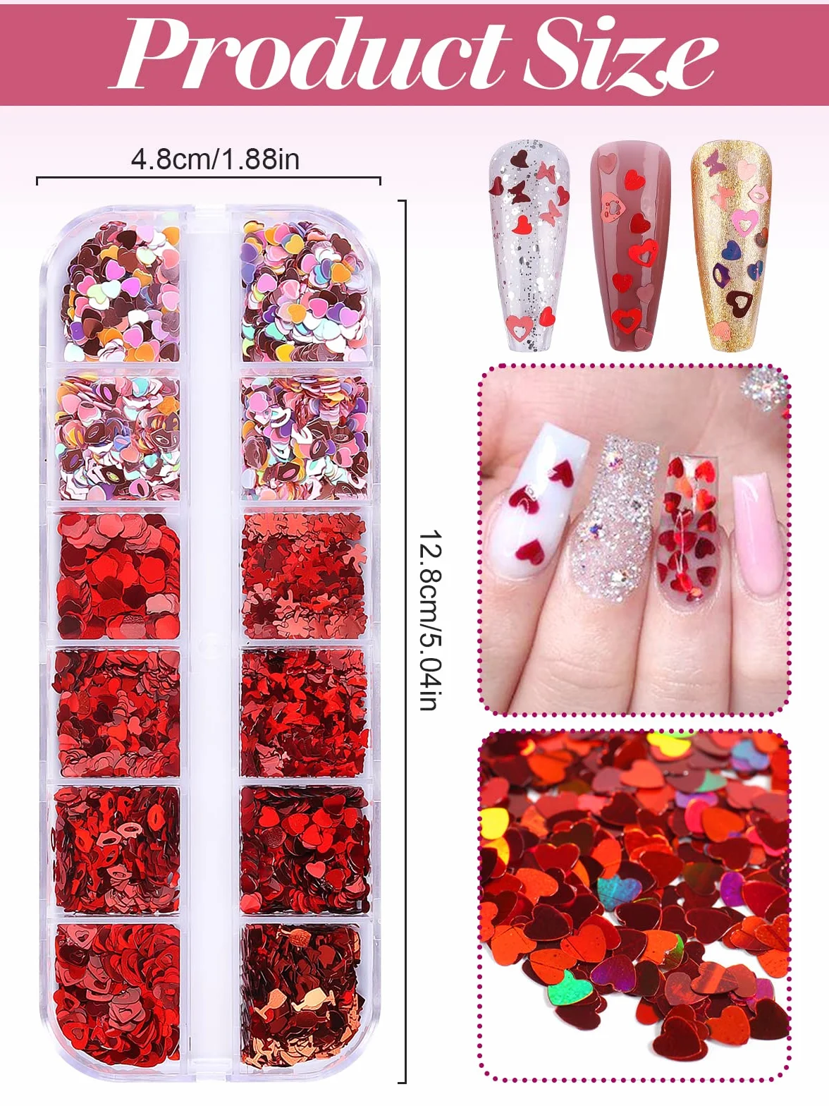 Kalolary 3 x cekiny do zdobienia paznokci walentynkowe, cekiny w kształcie serca, cekiny do paznokci, w kształcie wargi, kwiatowe, holograficzne cekiny do manicure, twarzy, ciała, dekoracji, E