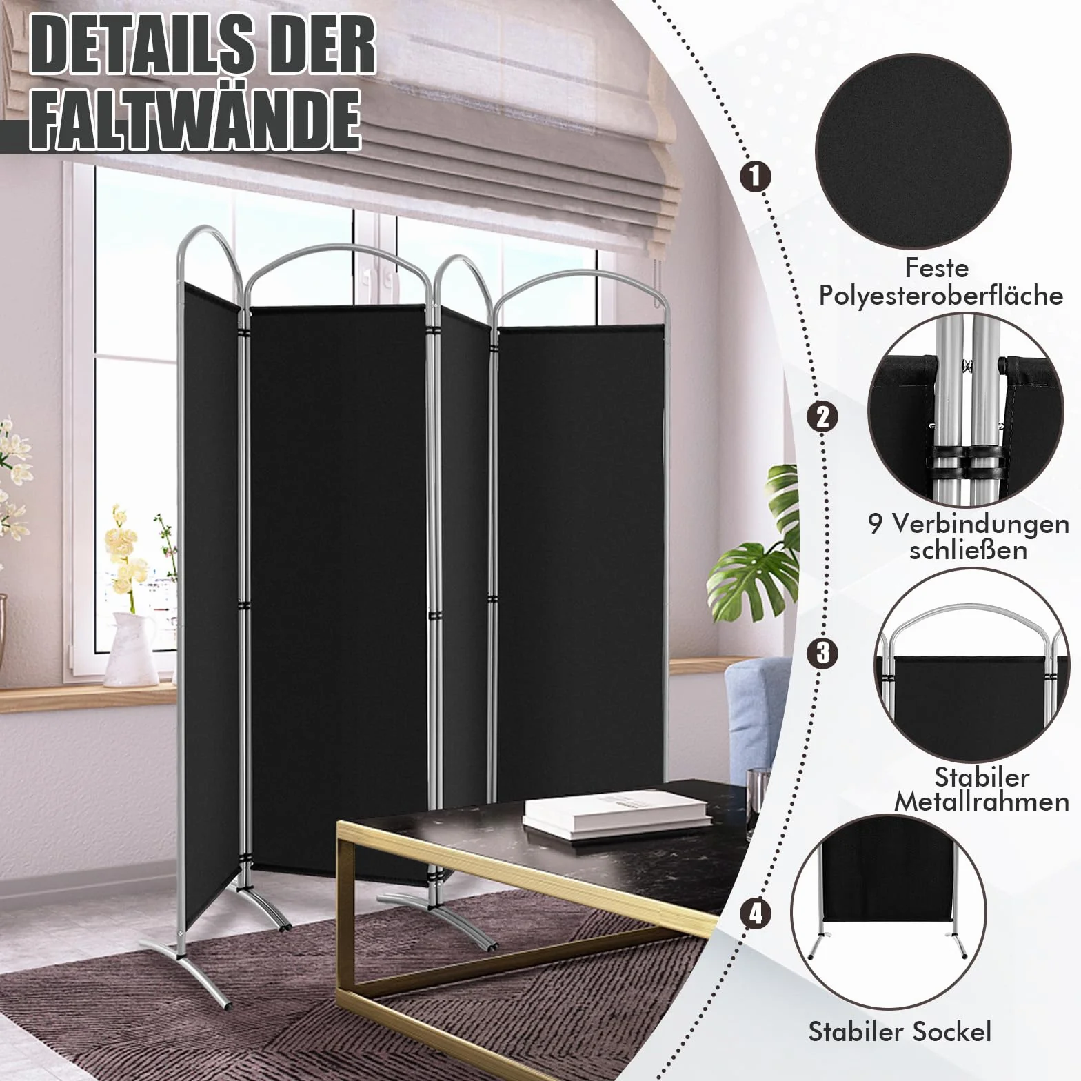 COSTWAY Parawan składany 221 x 188 cm 4-częściowy czarny