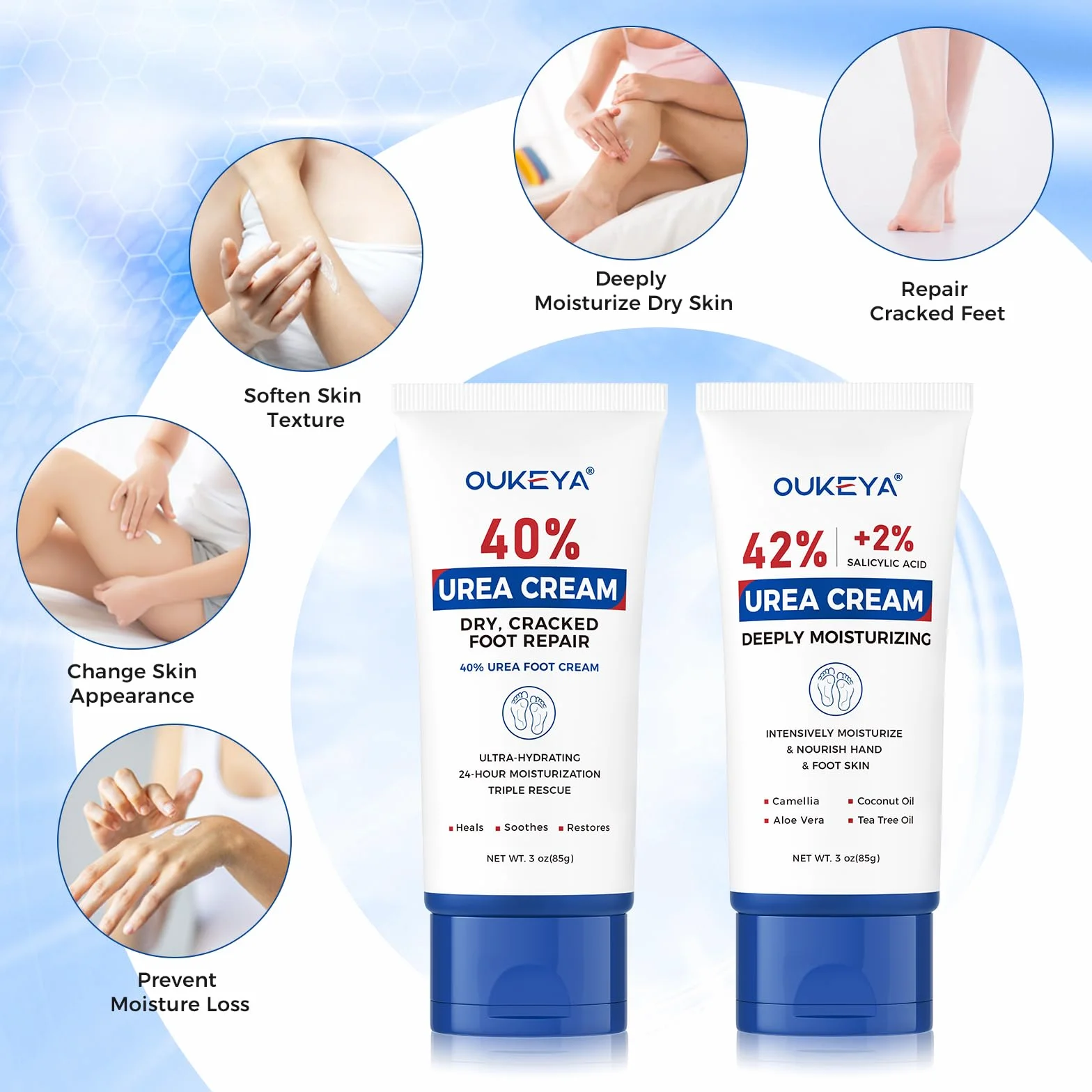 OUKEYA Krem do Stóp 40% Urea & Krem 42% Urea + 2% SA, Intensywna Regeneracja dla Suchej i Popękanej Skóry Stóp, Pięt i Dłoni, Złuszczający i Głęboko Nawilżający, 2x85g