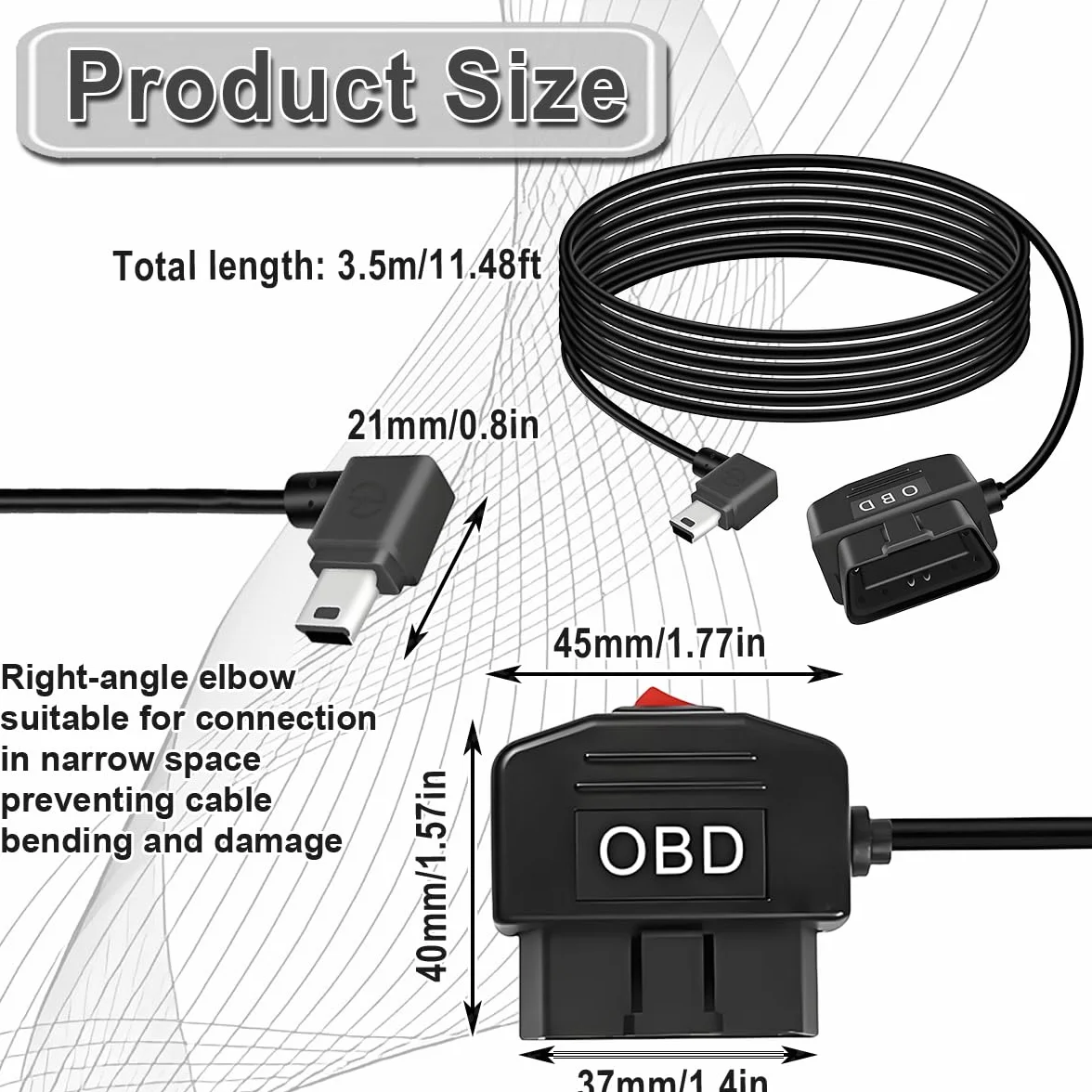 ZAMDOE Mini USB OBD Kabel zasilający Adapter do Dashcam OBD2 Kąt Mini USB z przełącznikiem 90 stopni Monitorowanie 24 godziny tryb Acc 12 V-24 V do 5 V/3 A 3,5 m