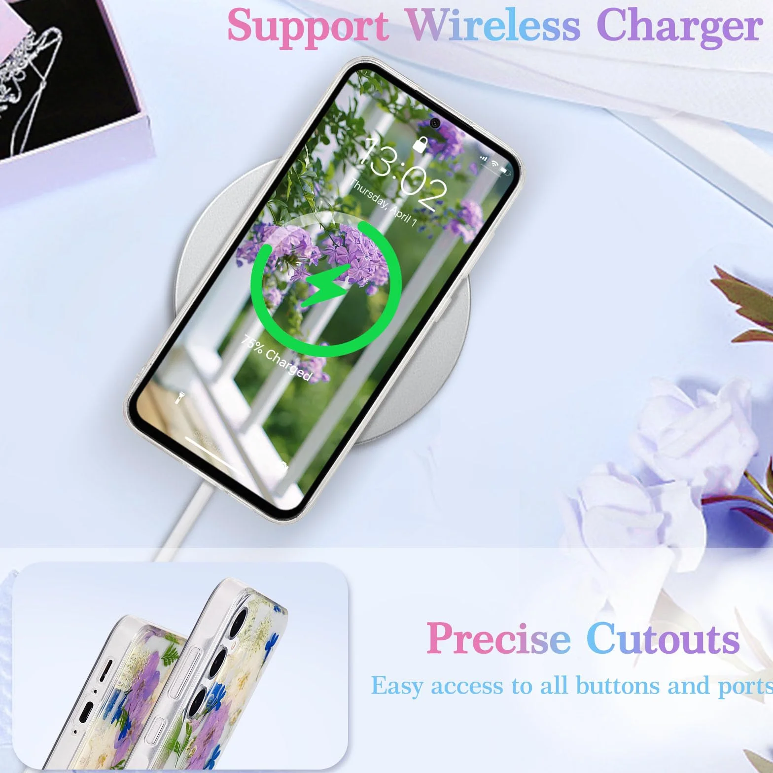 EYZUTAK Etui z suszonymi kwiatami do Samsung Galaxy A55 5G, miękkie, cienkie etui z TPU, przezroczyste, błyszczące, gwiazdy, brokatowe, silikonowe, żelowe, odporne na wstrząsy, kwiat, chroniące etui z