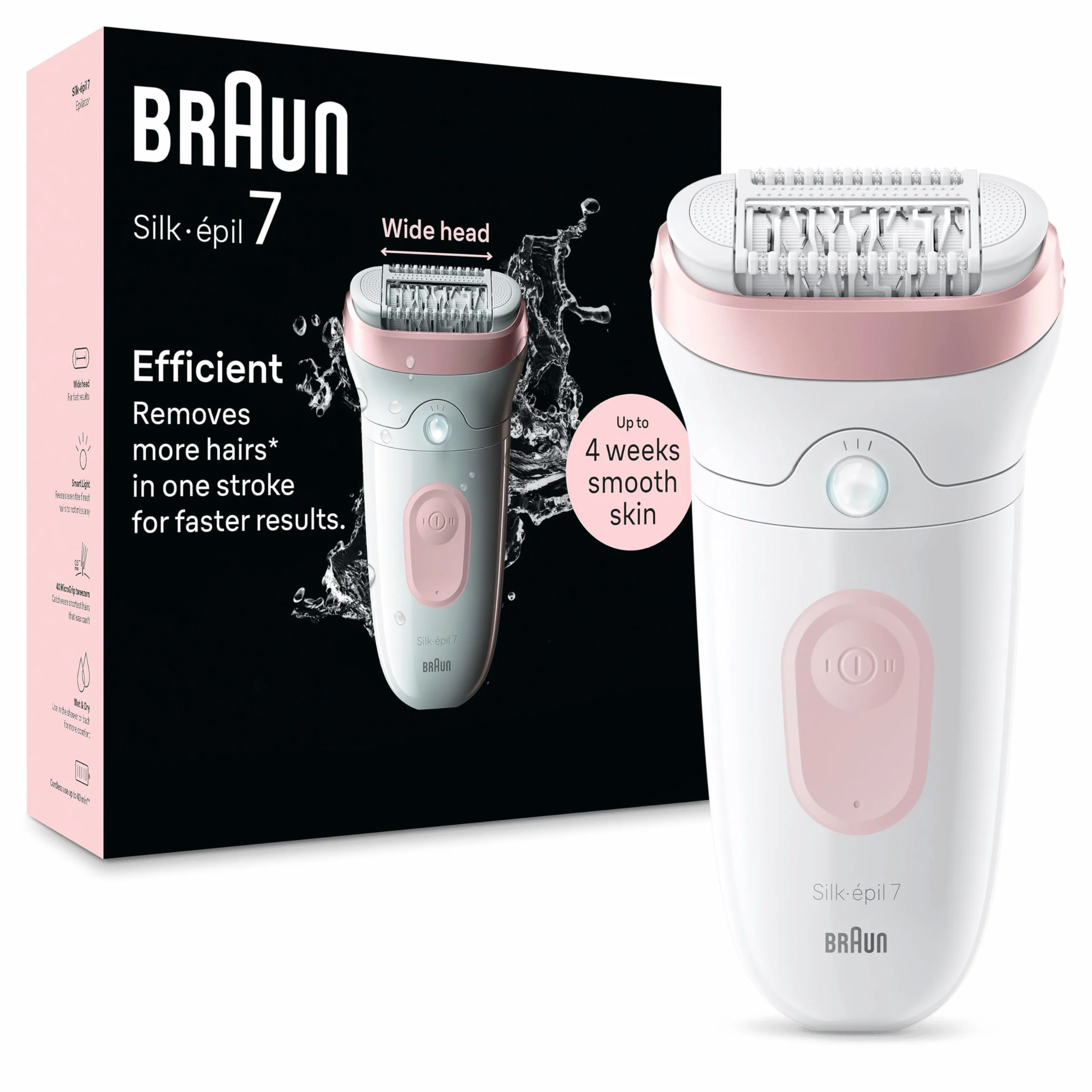 Braun Silk·Épil 7 7-000 Depilator z Szeroką Głowicą Do Łatwego Usuwania Włosów, Na Mokro i Na Sucho, Gładka Skóra Przez Długi Czas, Biały/Flamingo