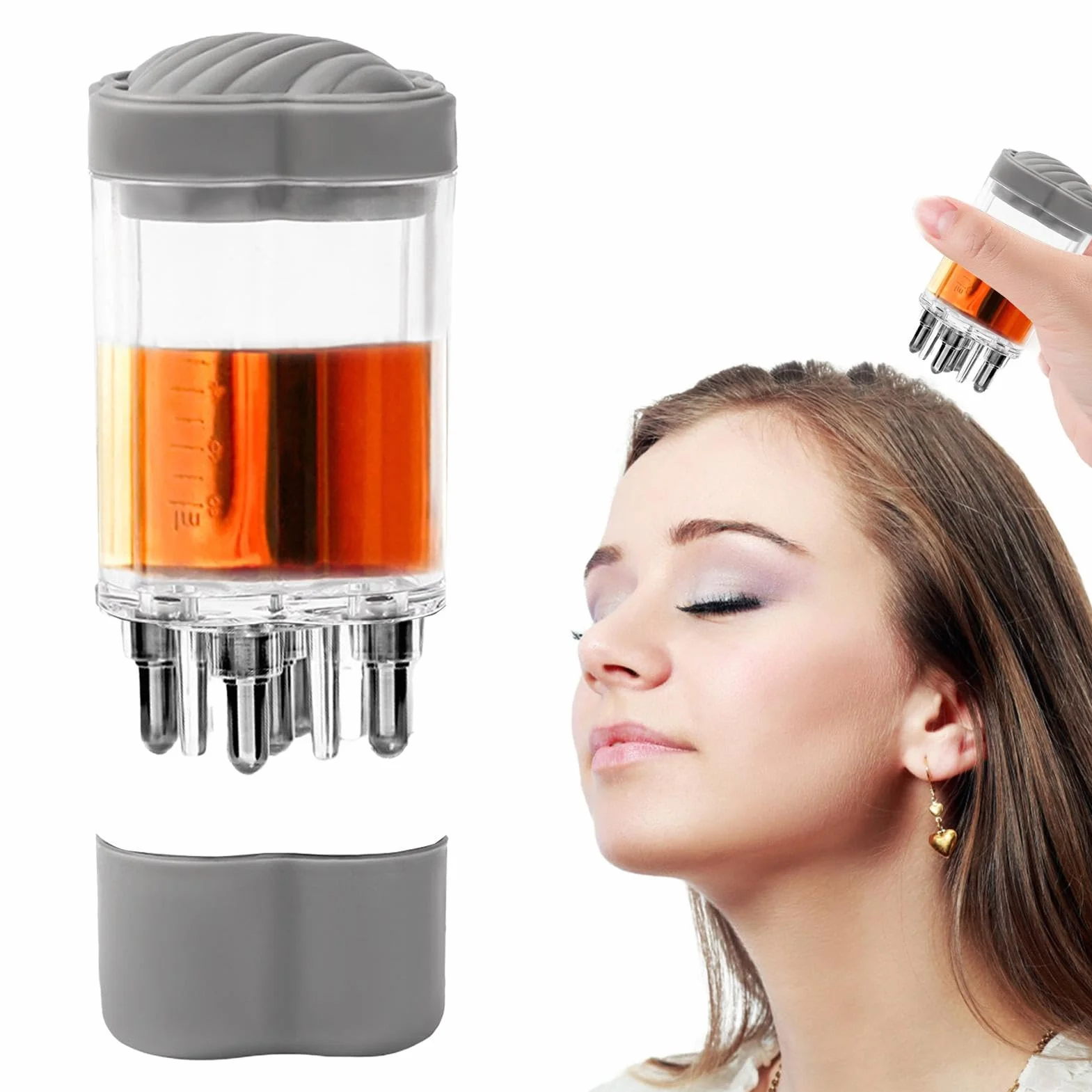 Root Comb Applicator, Refillable Hair Oil Bottle, 2.7x5.7cm/1.06x2.24 Inches Portable Brush Massager Dispenser, White/gray Compact Scalp Brush Massager, Stainless Steel