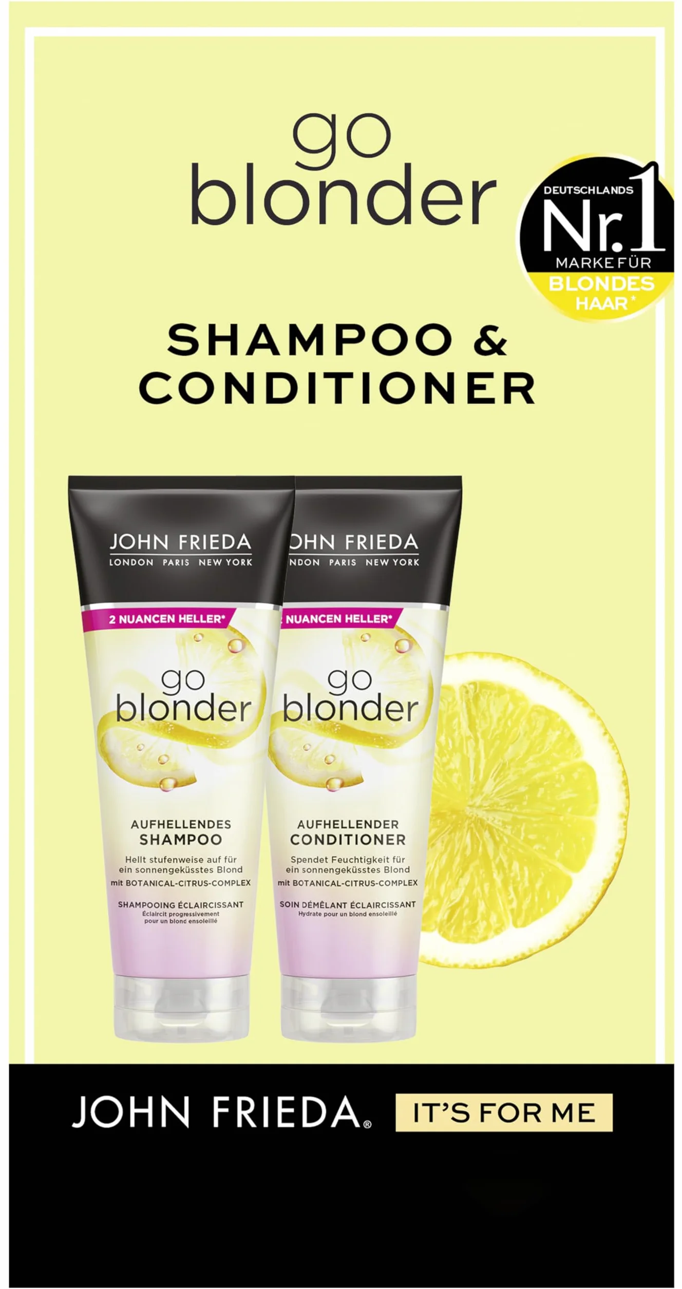 John Frieda Go Blonder Set – szampon, 250 ml i odżywka, 250 ml – typ włosów: blond, blond – stopniowo rozjaśnia