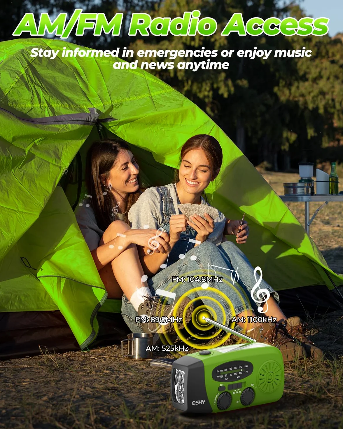 Radio solarne, Esky radio korbowe AM/FM, wodoszczelne, przenośne radio SOS, alarm alarmowy, radio awaryjne z powerbankiem LED, latarka LED, 260 g, ultra przenośne radio awaryjne na wędrówki (zielone)