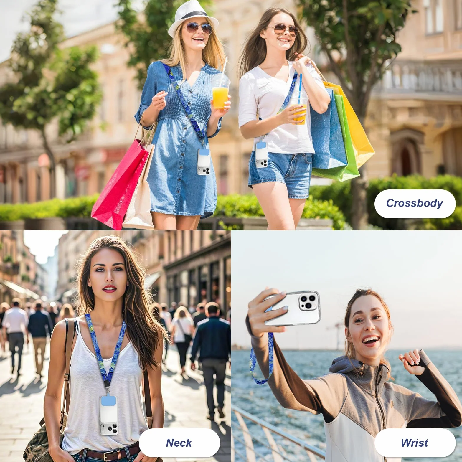 flintronic Smycz do telefonu komórkowego, regulowana smycz z 4 naszywkami, regulowany, uniwersalny pasek do telefonu komórkowego, pasek na szyję, Crossbody, pasek na nadgarstek, kompatybilna z