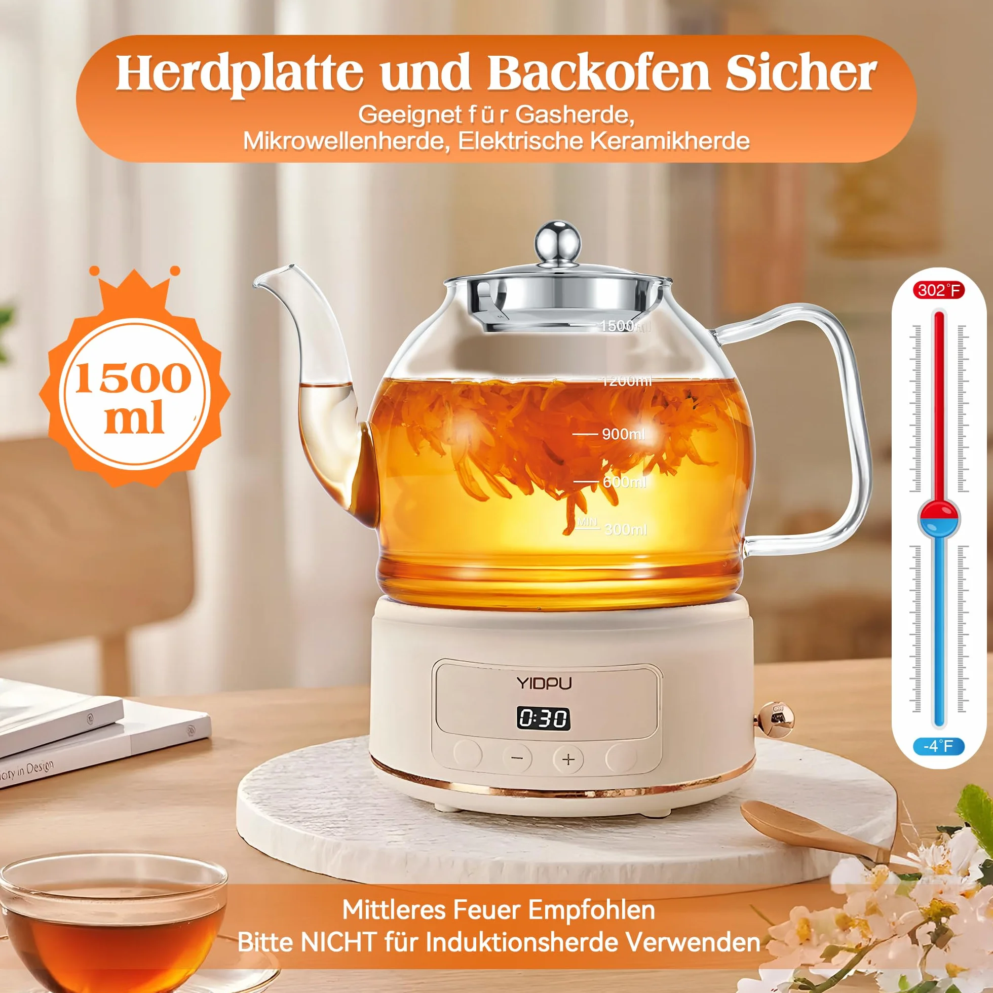 Dzbanek do herbaty ze szkła 1,5 L, dzbanek do herbaty z wkładem sitowym, dzbanek do herbaty STNTUS ze szklanym sitkiem na luźną herbatę, herbatę kwiatową, dzbanek do herbaty bez kroplowania