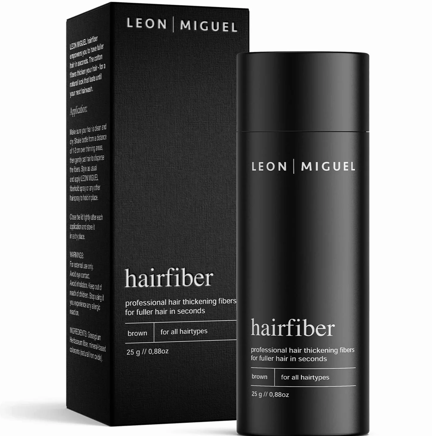LEON MIGUEL Hair Fiber – posypane włosy – zagęszczanie włosów premium z natychmiastowym efektem w przypadku zakamarków, wypadania włosów i rozświetlonych włosów – puder do włosów | 25 g (brązowy)