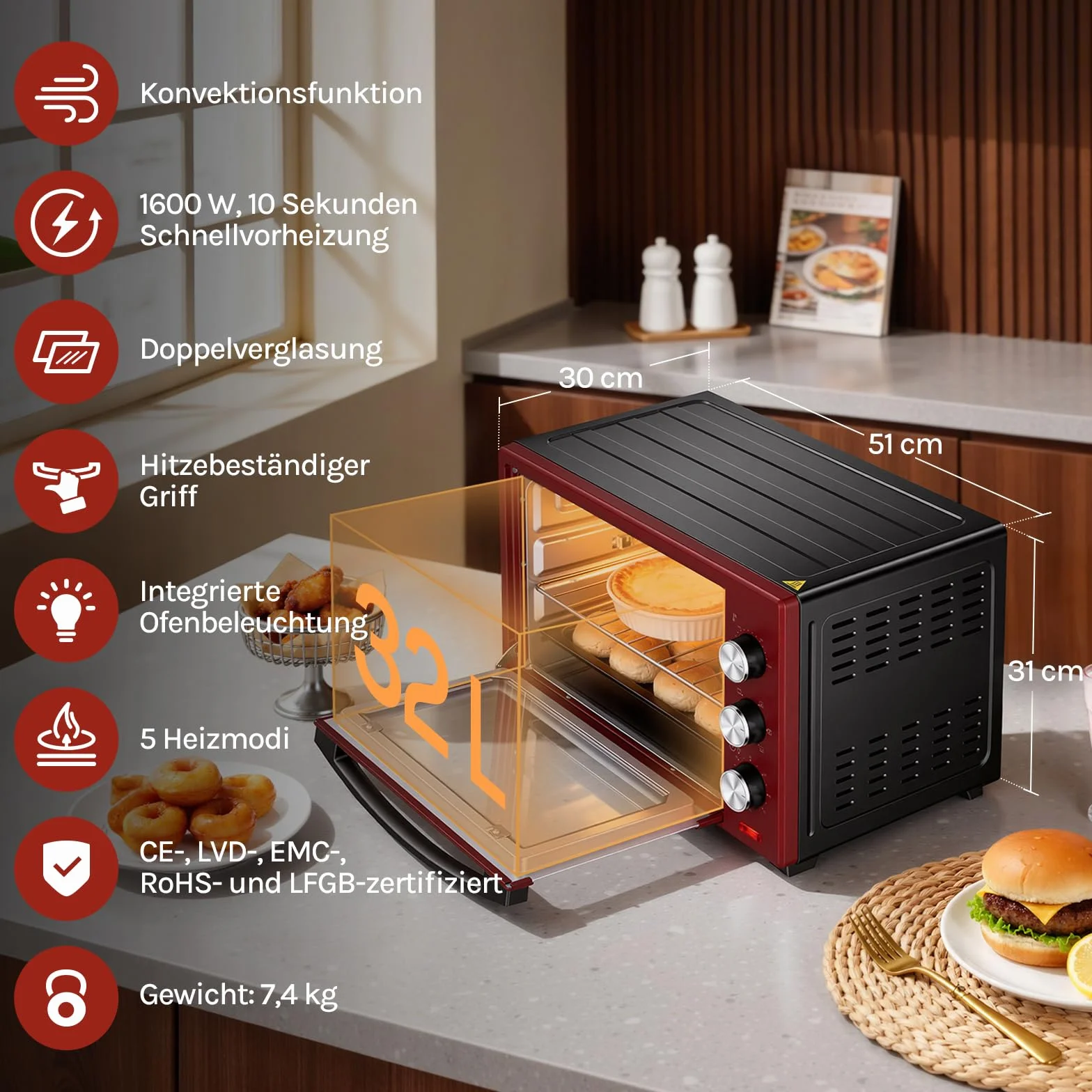 WOLTU mini piekarnik 32 litry, toster 1600 Watt | Piec do pizzy | Wyjmowana tacka na okruchy z minipiekarnikiem z timerem do pizzy, tostów, indyka, hot-dogów, czarny + czerwony