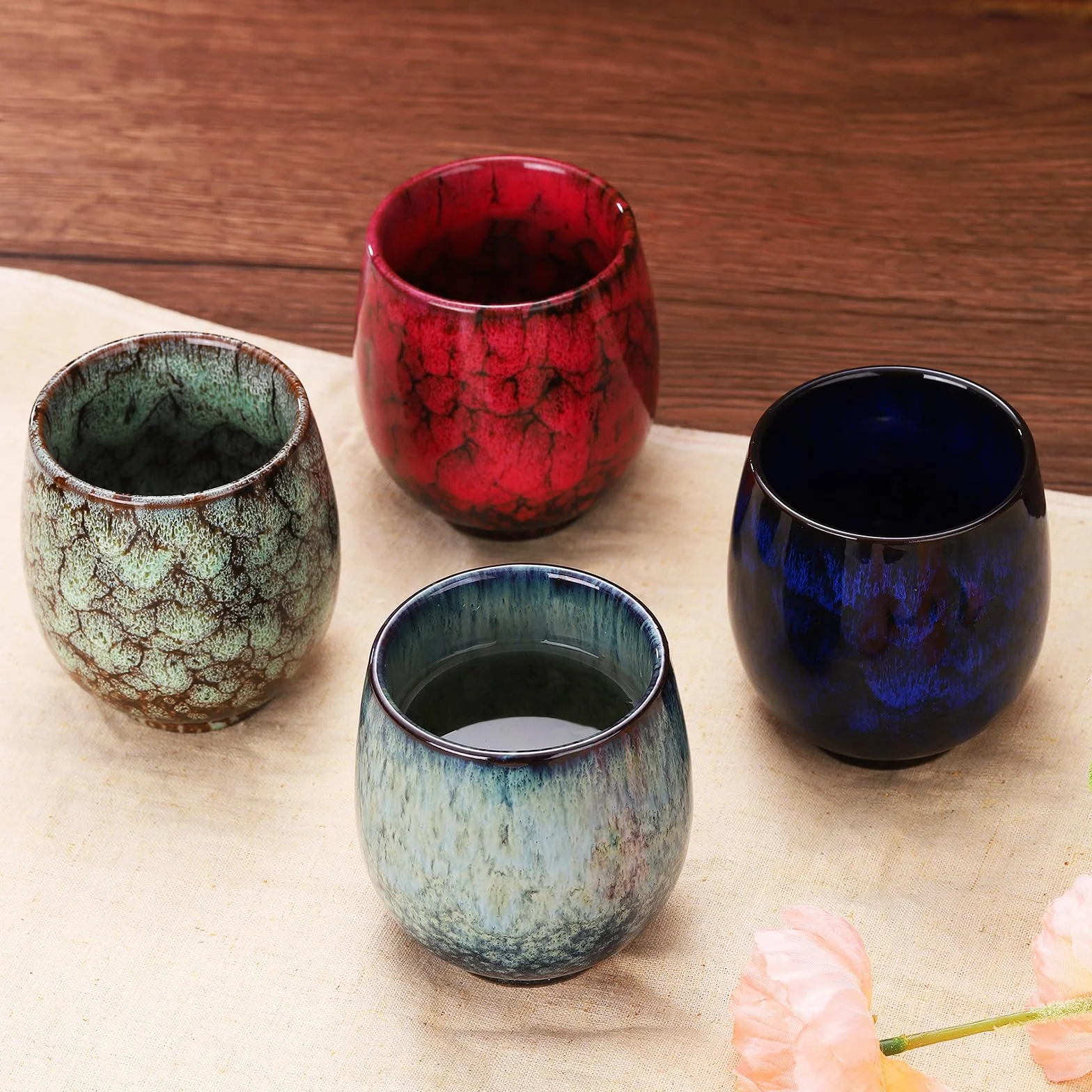 QUARKZMAN 4 szt. Ceramiczne chińskie filiżanki do herbaty 5,41 uncji tradycyjny styl Gong Fu japoński zestaw do herbaty bez uchwytu mały kubek do herbaty Mate Coffee Wino napoje, Indygo