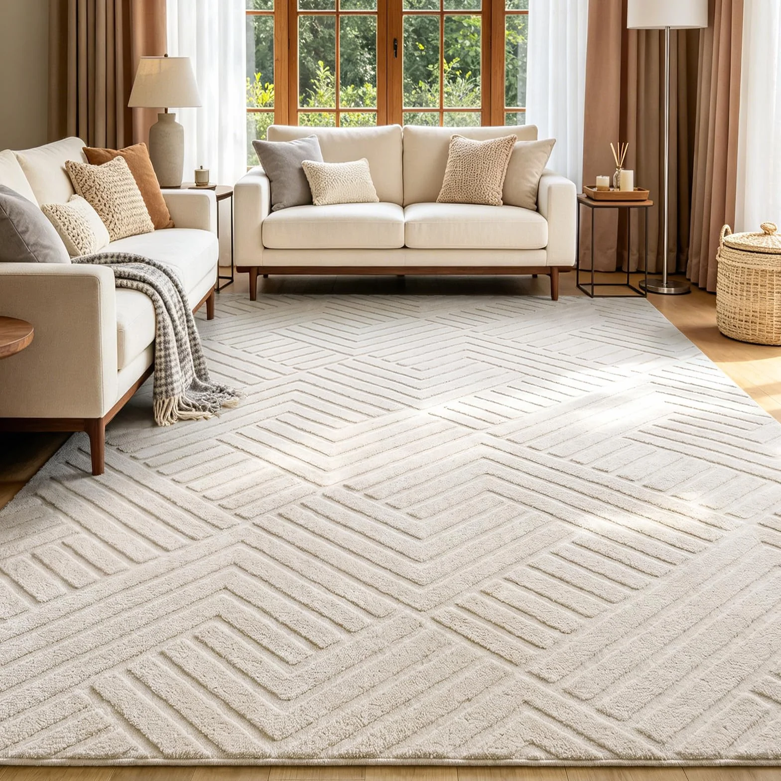 Enyhom Dywan do salonu 200x300 cm nowoczesny antypoślizgowy geometryczny kremowy