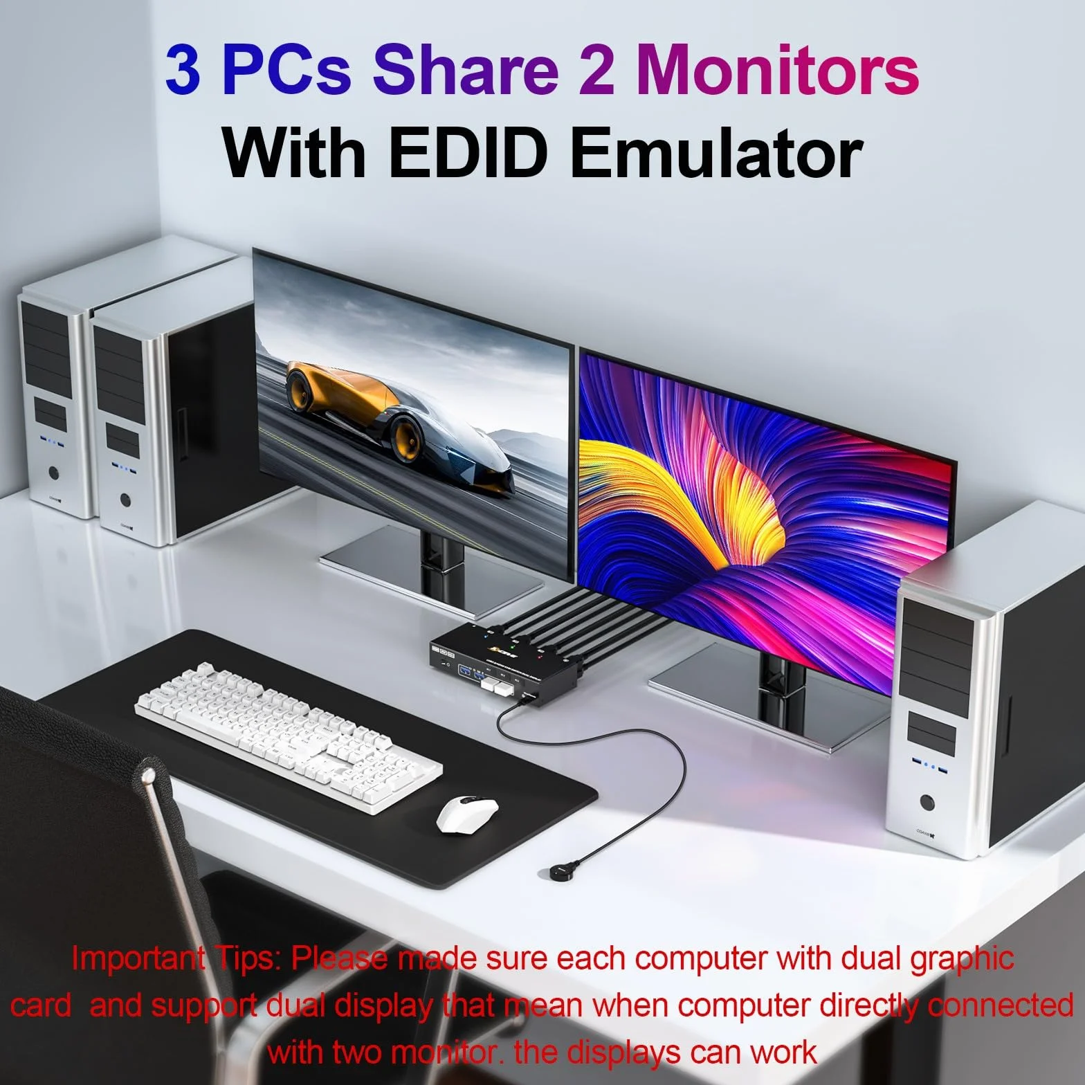 Przełącznik KVM HDMI 2 monitory 3 komputery 4K przy 60 Hz, symulacja EDID, podwójny monitor Przełącznik KVM dla 3 komputerów Udostępnij 2 wyświetlacze i 4 porty USB 3.0, przewodowy pilot i kable