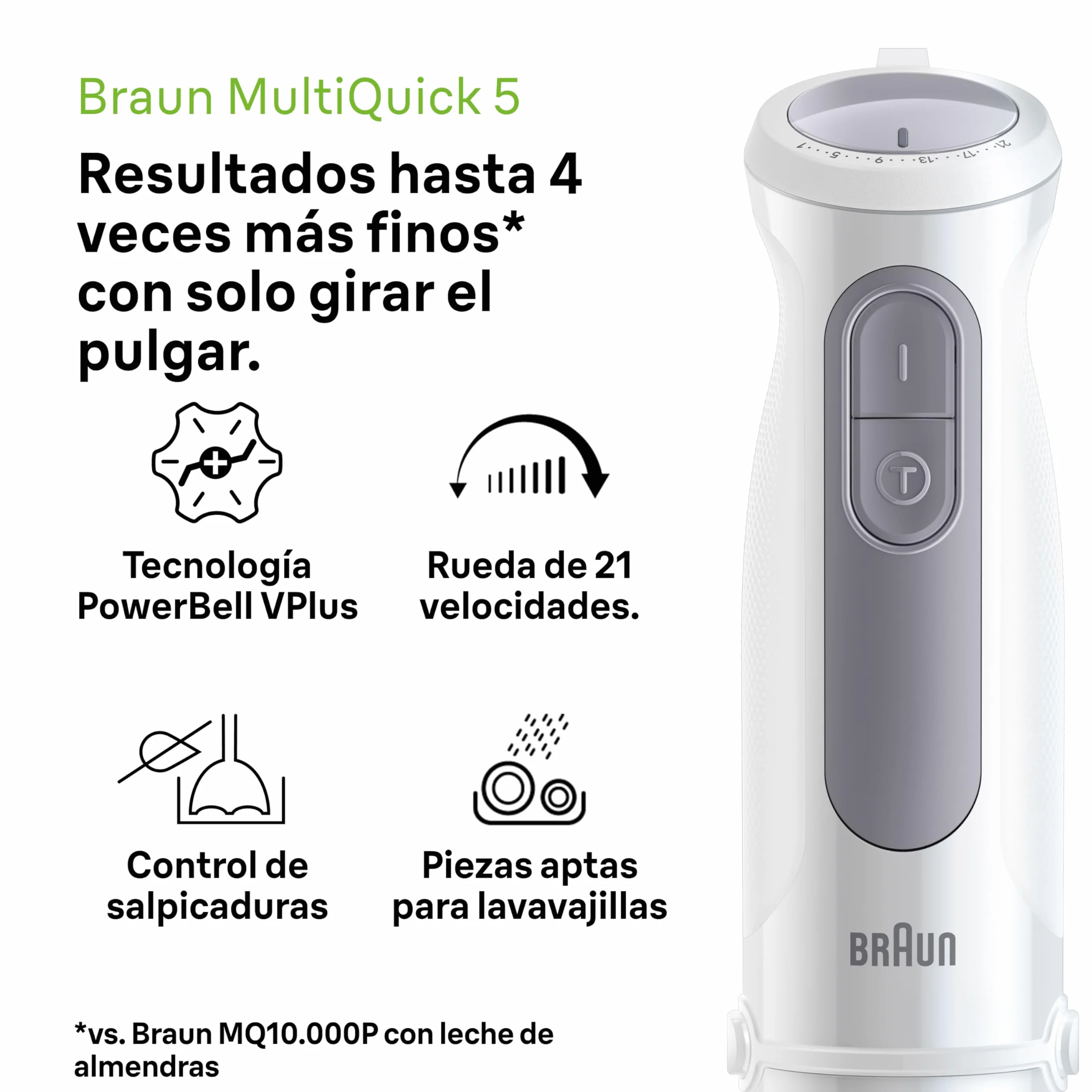 Braun MultiQuick 5 MQ 50001 M, mikser ręczny, z technologią PowerBell Plus, Minipimer, 21 prędkości+Turbo, System Easy Click Plus, ergonomiczny mikser, stalowy wałek, kubek 600 ml, 1000 W, biały