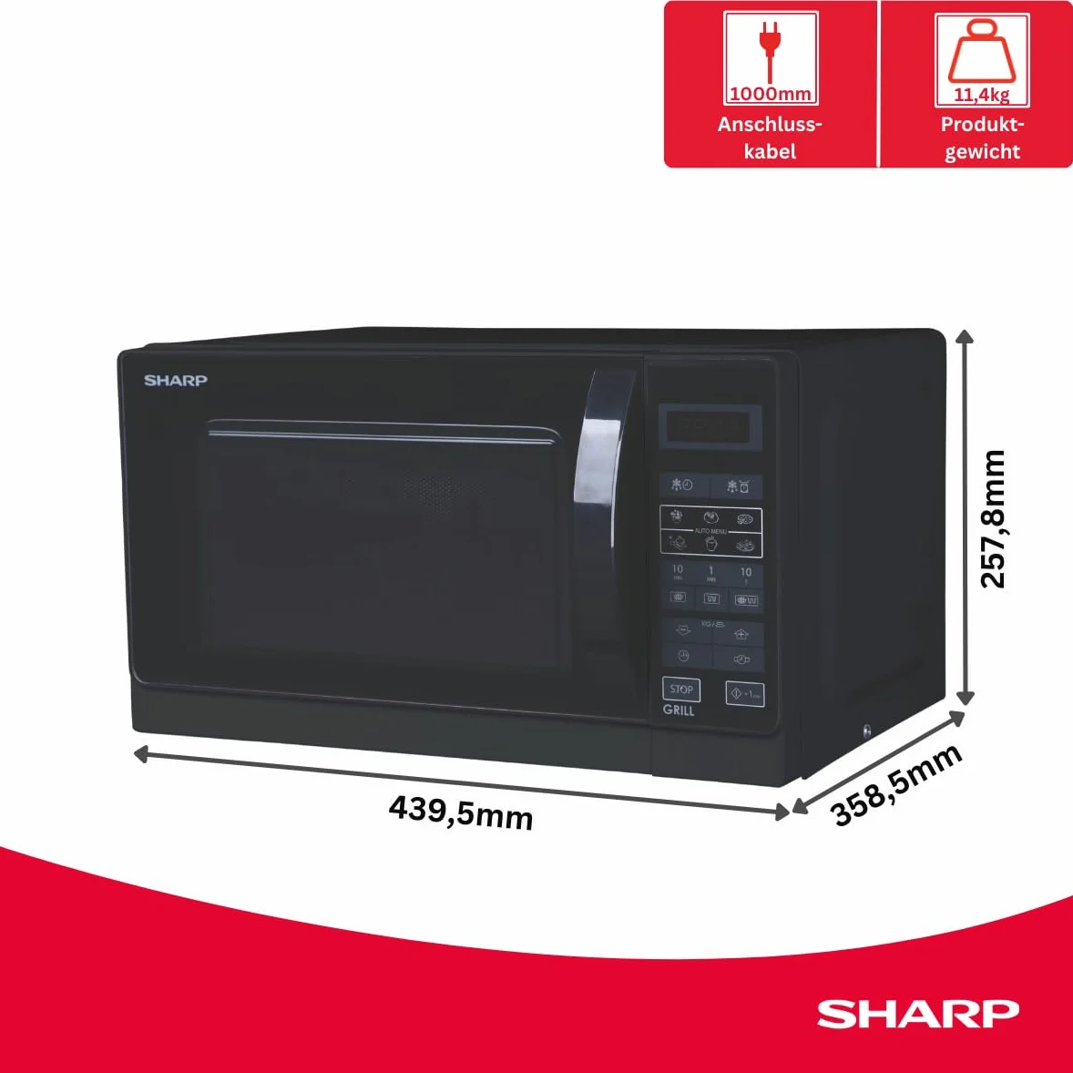 Sharp R642BKW kuchenka mikrofalowa 2-w-1 z grillem 20 l 800 W 1000 W grill kwarcowy 8 programów automatycznych czarny