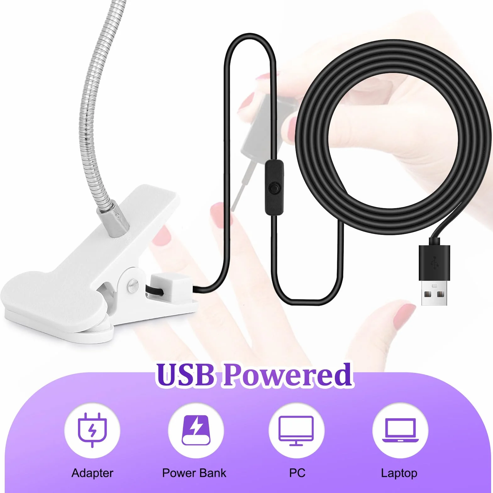 AiQInu Lampa UV Żelowych, Lampa LED 3 W Obrotowa z USB i Klipsem, Do Żelowego Lakieru do Paznokci, Salonu, Srebrna