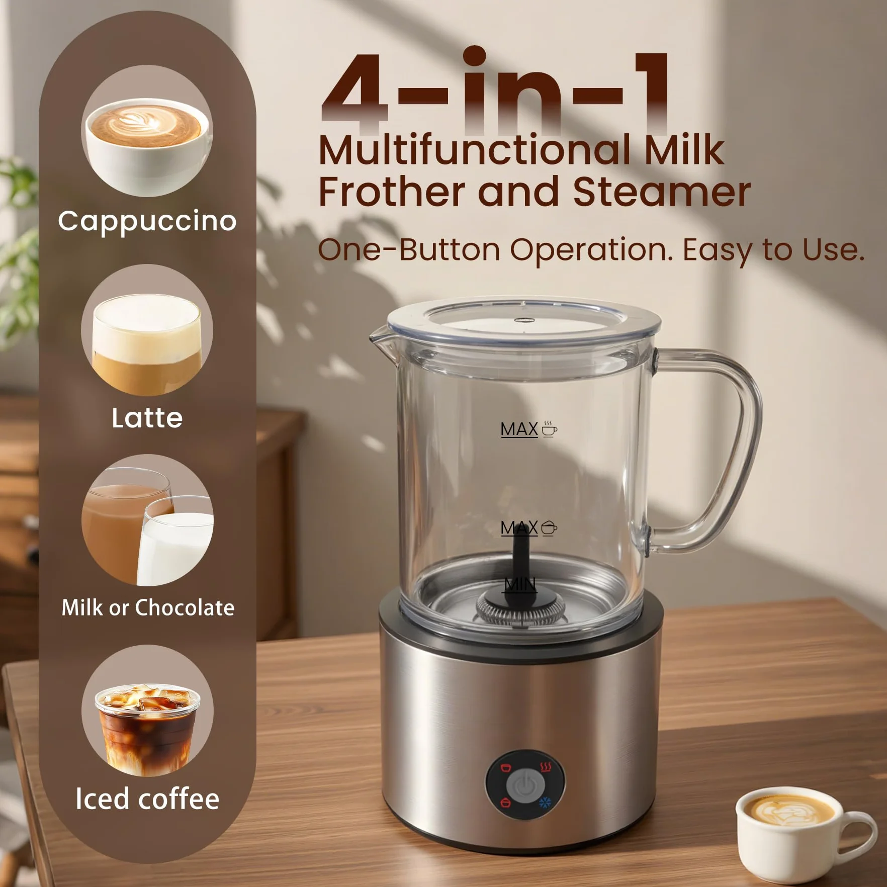 Spieniacz do mleka 4 w 1 500 ml z dzielonym wzorem, automatyczny, szklany kubek do cappuccino