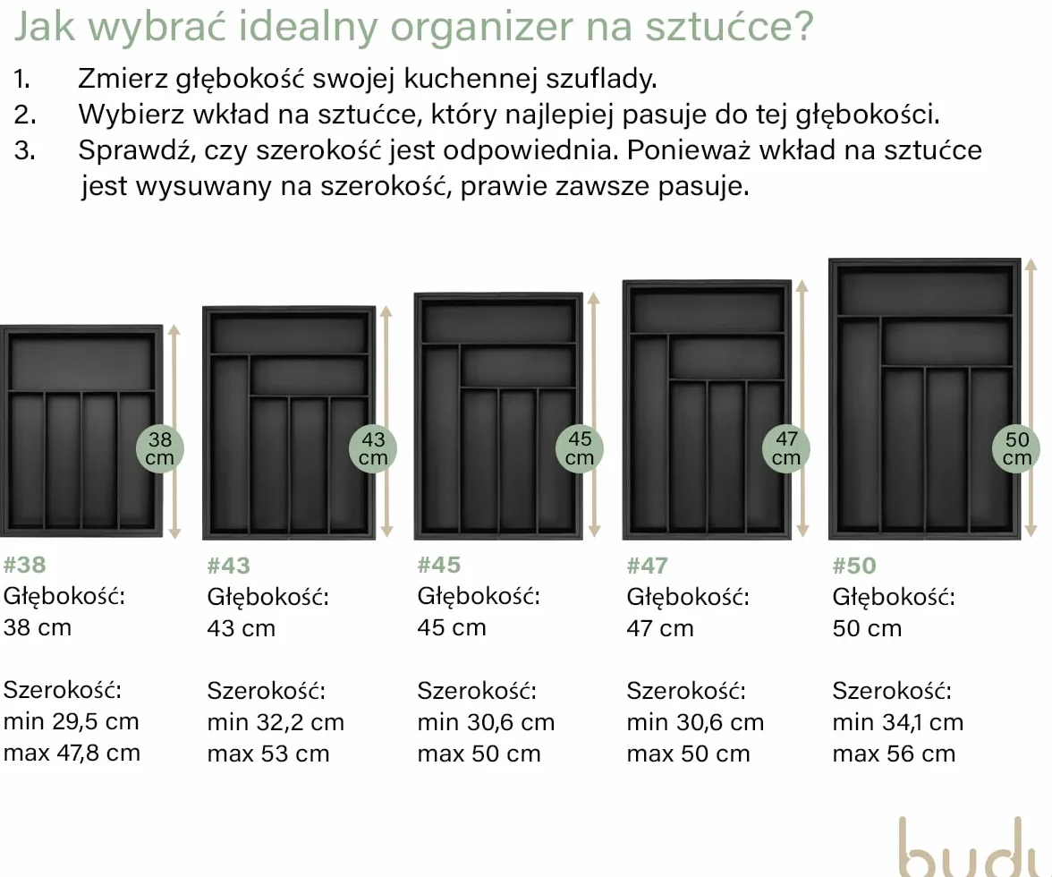budu Wkład na sztućce #47 (Głębokość 47cm) z bambusa - Czarny - System organizujący szuflady do kuchni - Wyciągany - Organizer do szuflady kuchennej