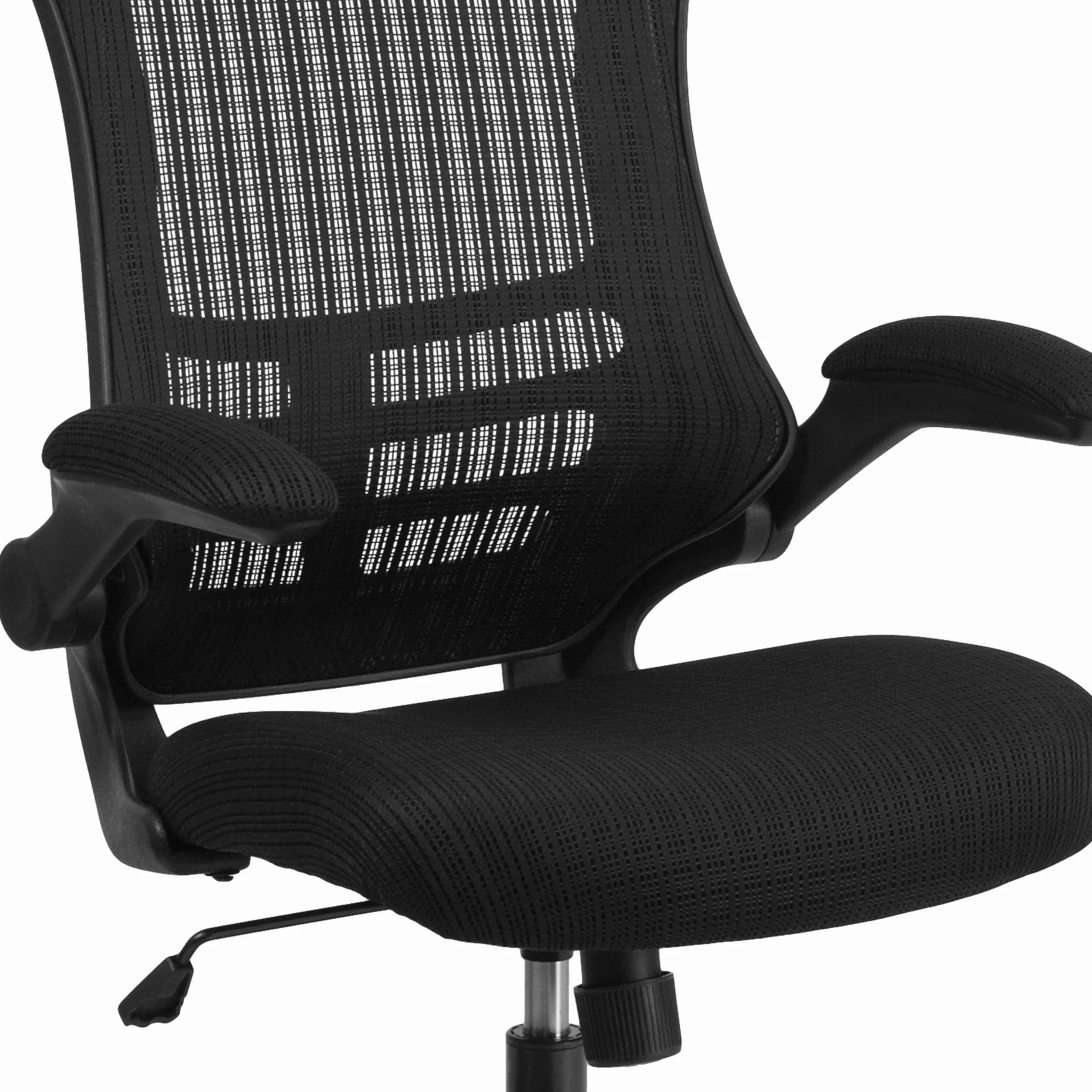Ergonomiczne, obrotowe krzesło biurowe z wysokim oparciem z siatki, podnoszonymi podłokietnikami i regulowanym zagłówkiem (czarne)