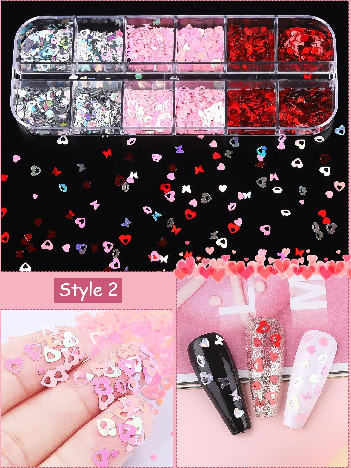 Kalolary 3 x cekiny do zdobienia paznokci walentynkowe, cekiny w kształcie serca, cekiny do paznokci, w kształcie wargi, kwiatowe, holograficzne cekiny do manicure, twarzy, ciała, dekoracji, E