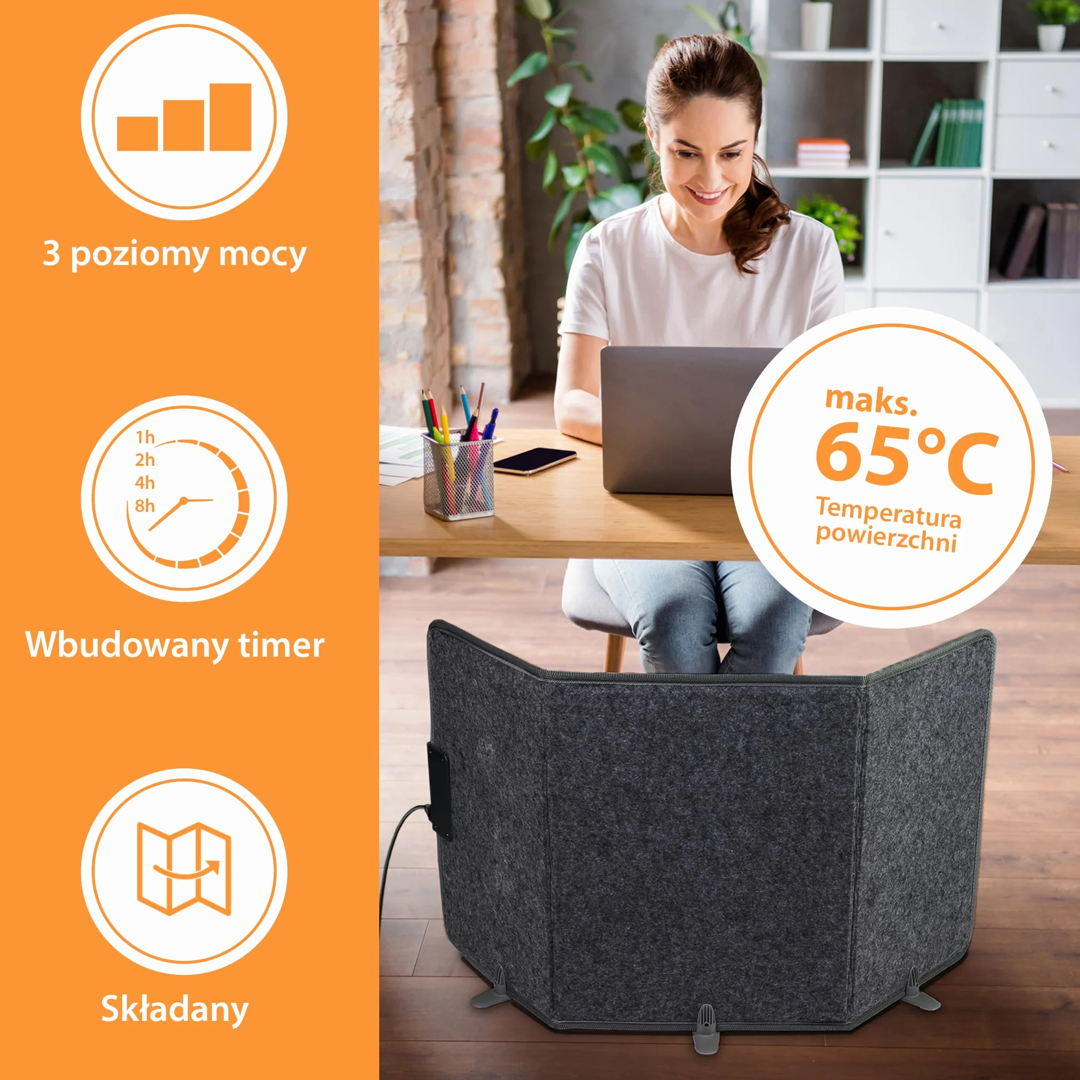 Mi-Heat grzejnik biurkowy na podczerwień panel grzewczy 260W | grzejnik podłogowy do biura biurko stanowisko pracy pod stołem | temperatura do 60°C składany, szary