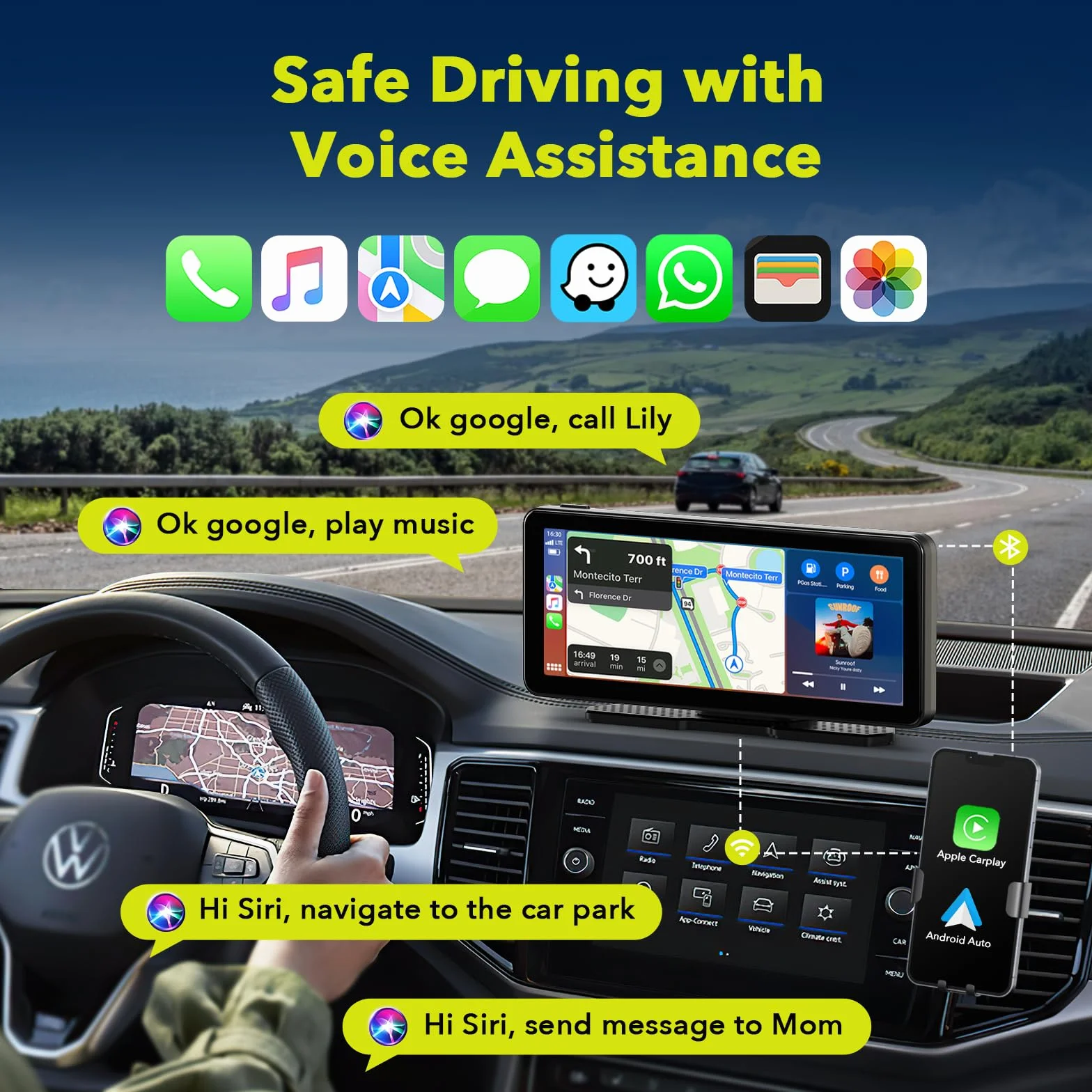 Volam Bezprzewodowy wyświetlacze samochodowy Volam A-pple Carplay z Androidem i kamerą 2,5K, cofania 1080P, ekranem 6,86 cala, Siri, Google, GPS, Mirror Link