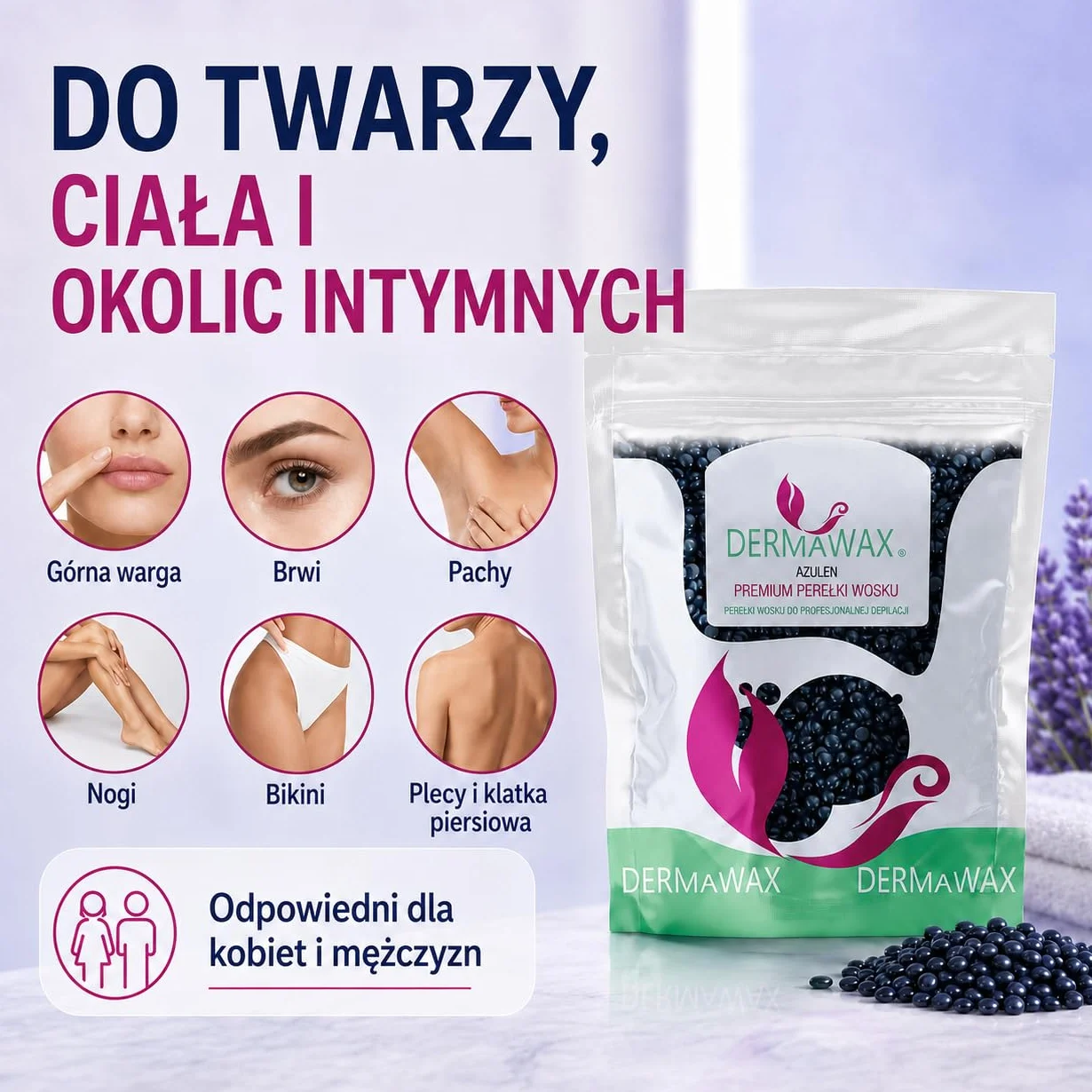 Dermawax 1 kg pereł woskowych z azulenu – kojący gorący wosk bez pasków z włókniny do usuwania włosów – delikatne dla skóry wrażliwej – do twarzy, okolic intymnych, nóg i pach, wyprodukowano we