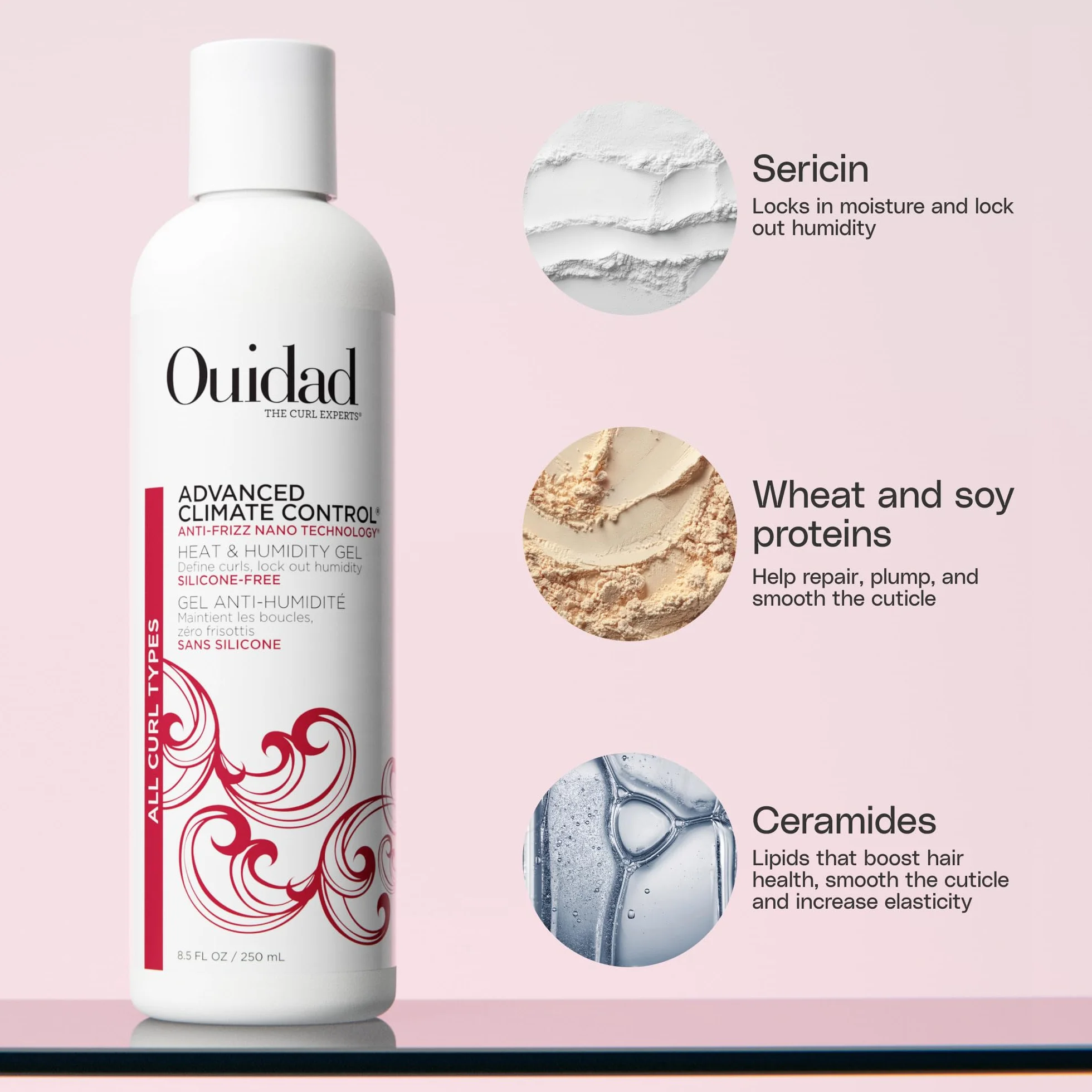 Ouidad Advanced Climate Control żel do utrzymywania ciepła i wilgotności elastyczny chwyt zdefiniuj loki przeciw puszeniu się, 250 ml