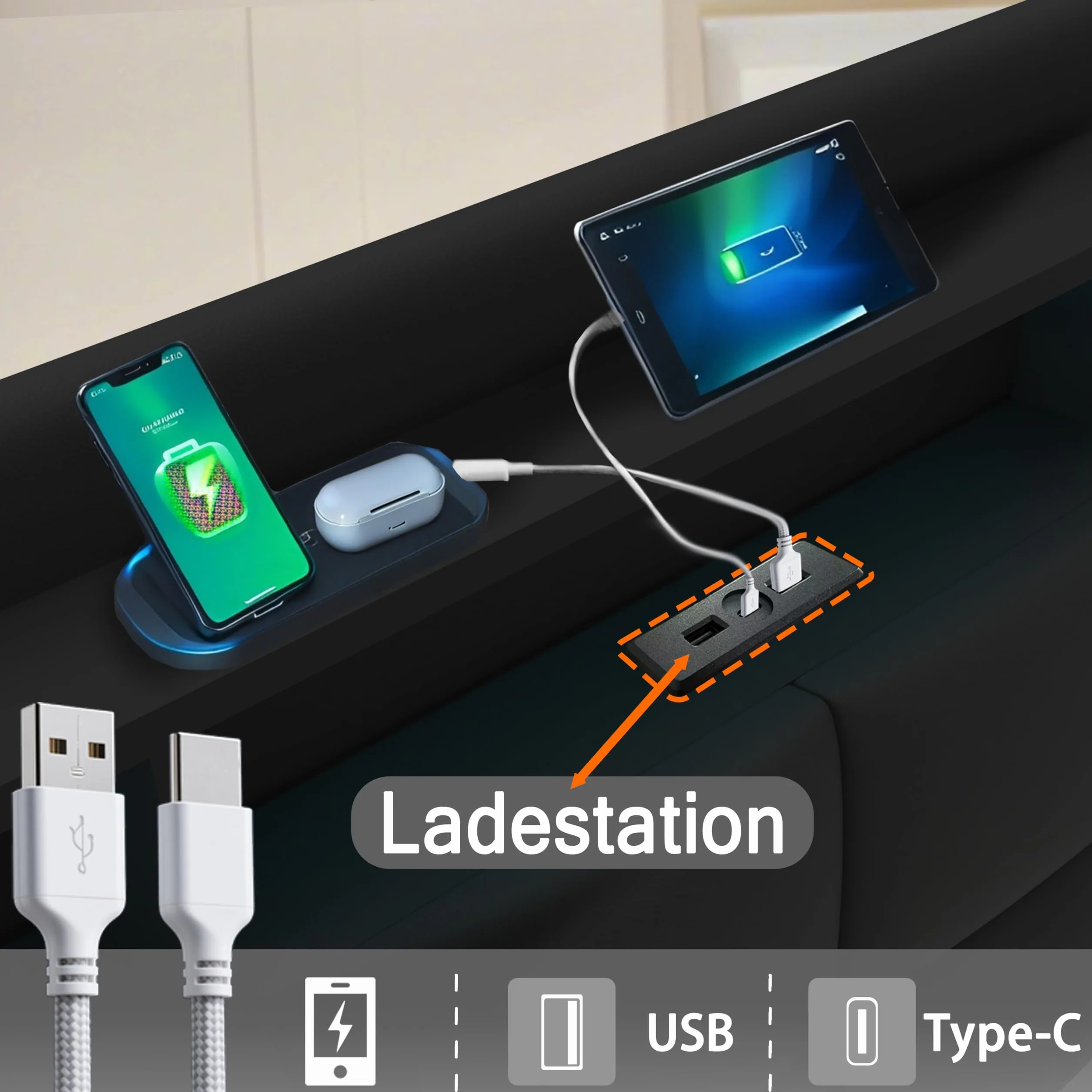 Łóżko z Pojemnością 140x200 cm LED USB/Type-C Stacja Ładowania Skóra Czarny