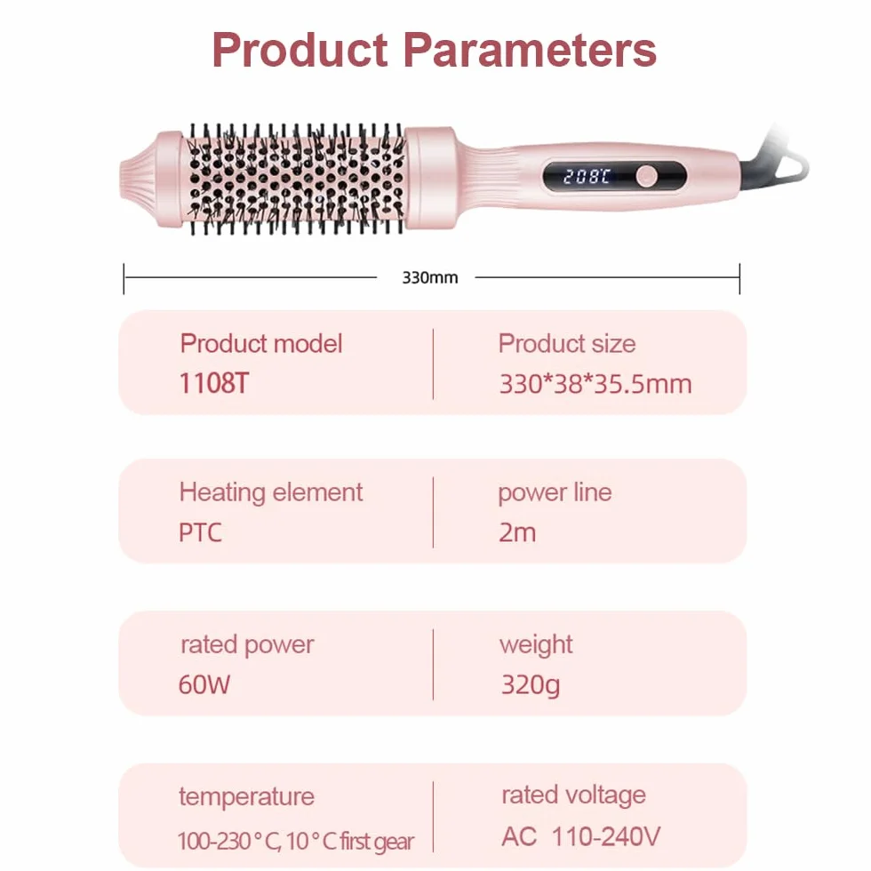 Thermal Brush szczotka do loków, ceramiczna szczotka termiczna 38 mm, szczotka do włosów z wysoką temperaturą, szczotka do włosów z cyfrowym wyświetlaczem, 3 w 1, do stosowania jako grzebień